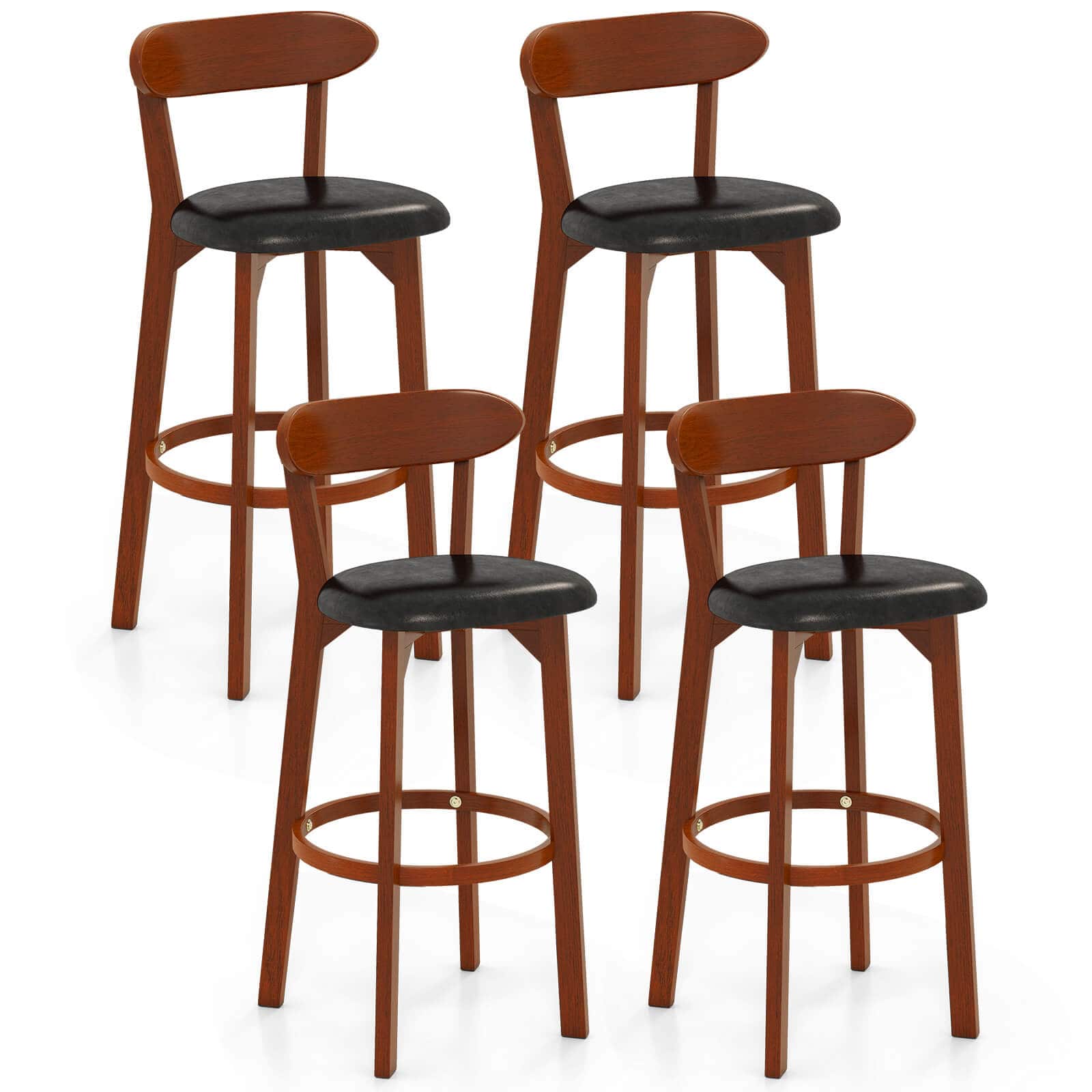 Costway - 30.5" Bar Stool Set of 4 with Curved Backrest & Footrest Counter Height Stools - Walnut,Black