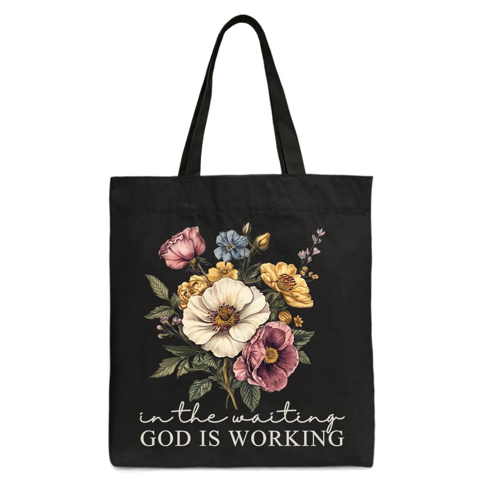 OrnamentallyYou - In the Waiting God Is Working Floral Christian Tote Bag, Vintage Wildflower Faith Gift Shopper - Black