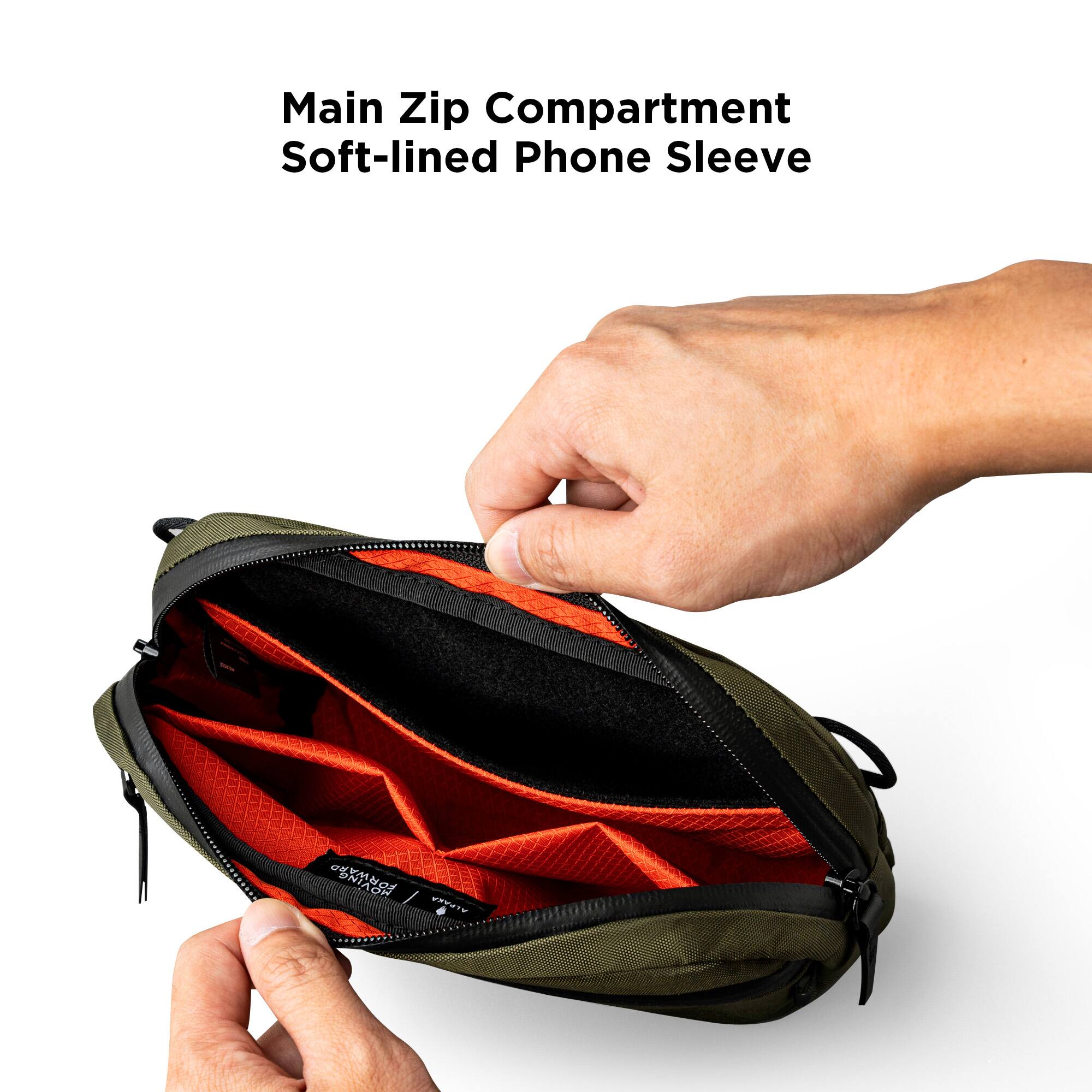 Main Zip Compartment  
Soft-lined Phone Sleeve