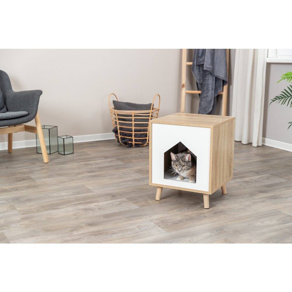Left. TRIXIE - Isa Indoor Wooden Cat Condo, Modern Cat Bed Side Table with Cozy Cushion - Natural.