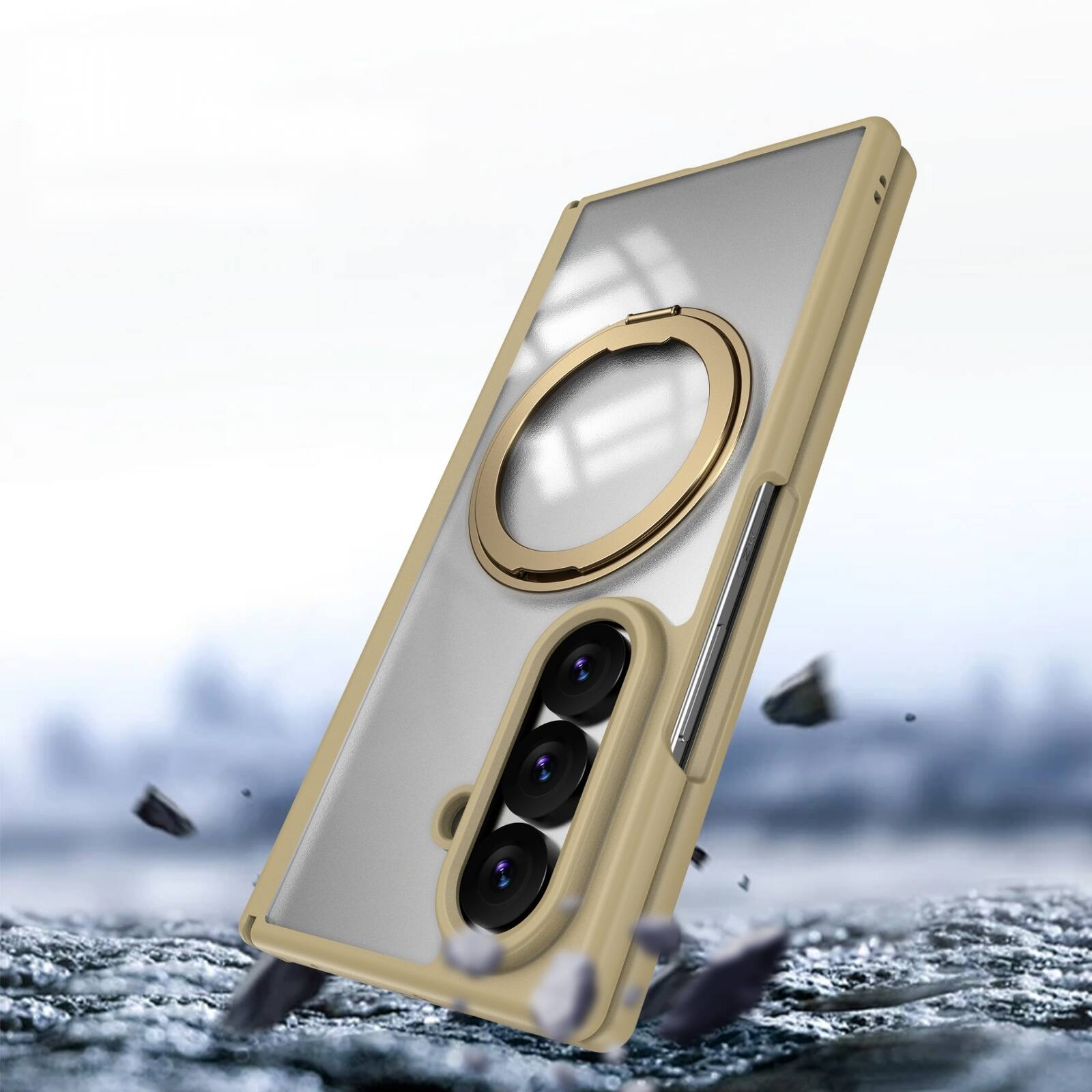Alt View 2. Dteck - Shockproof Case for Samsung Galaxy Z Fold8 Ultra with Stand, Magnetic PC Cover Built in Screen Film and Hinge Protection - Gold.