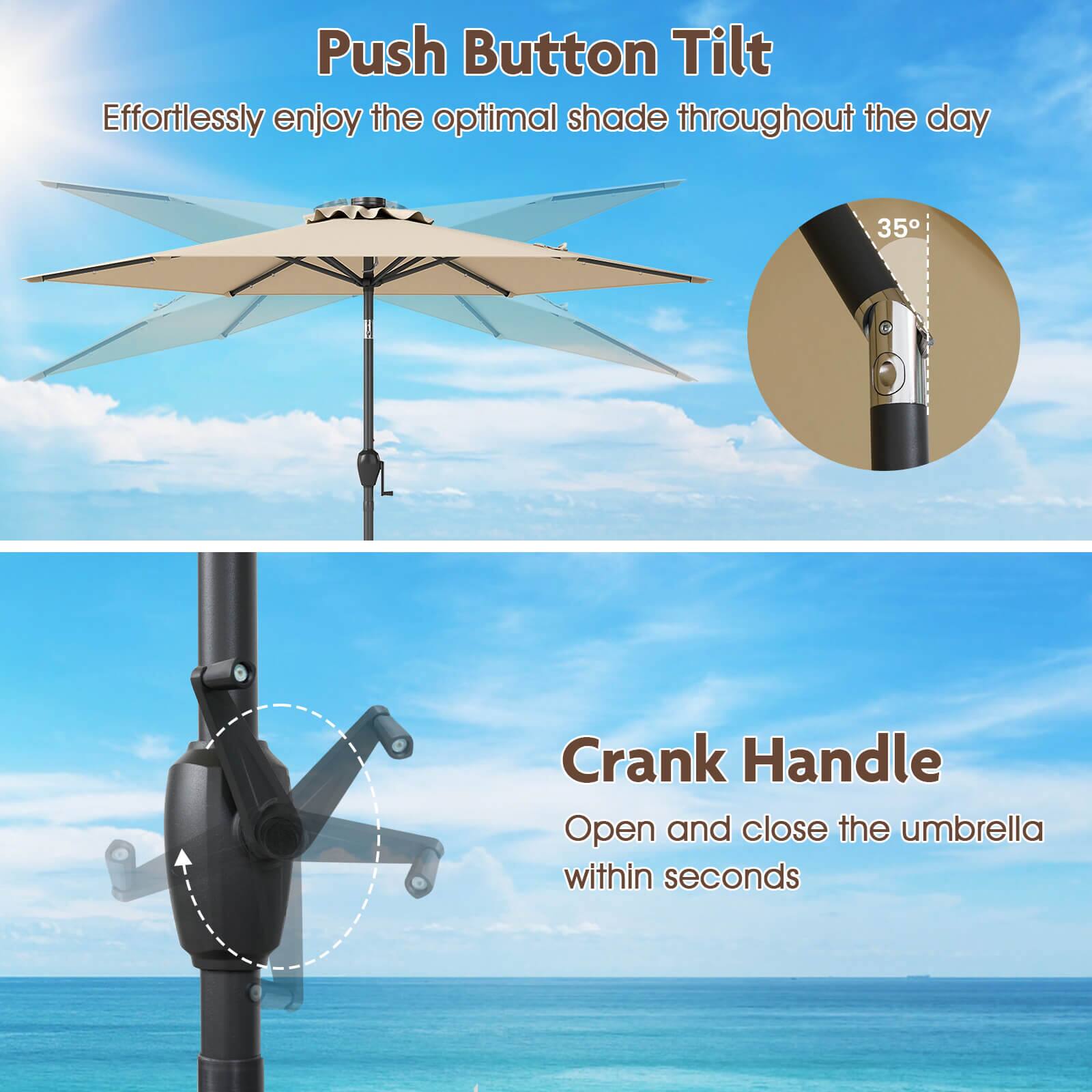 Push Button Tilt: Effortlessly enjoy the optimal shade throughout the day.
Crank Handle: Open and close the umbrella within seconds.