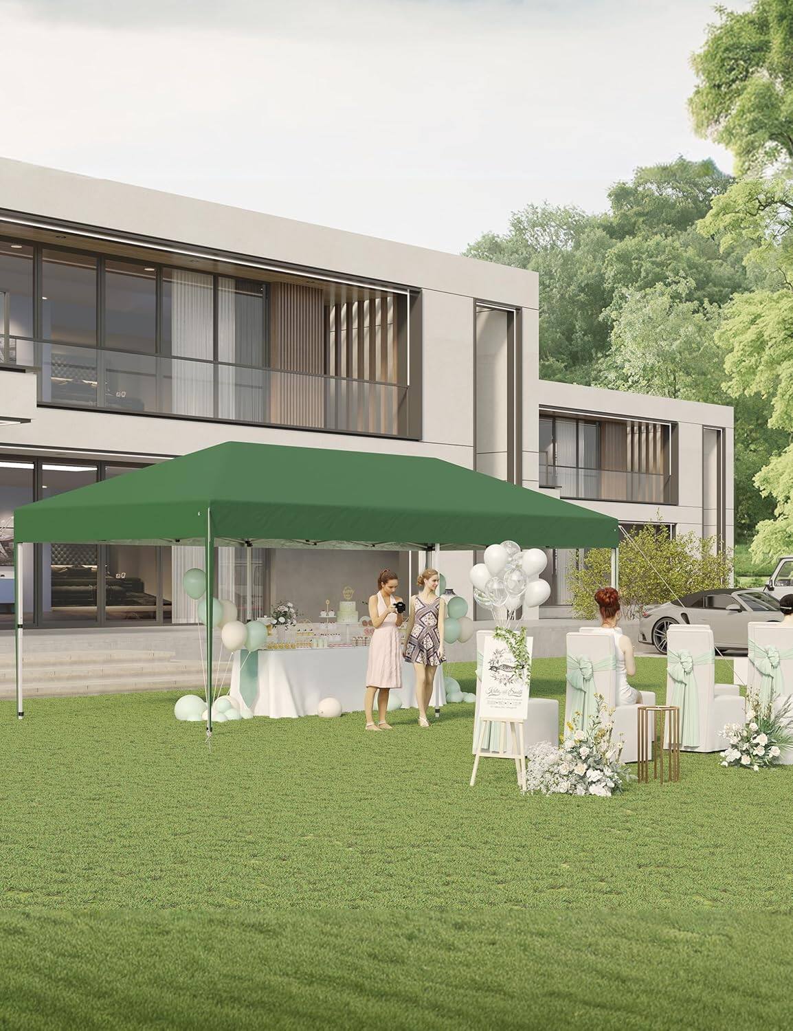 Left. Acekool - 10'x20' Pop-Up Canopy Tent, Instant Commercial Outdoor Shelter with 2 Sidewalls, 12 Stakes, 6 Sandbags, Green.