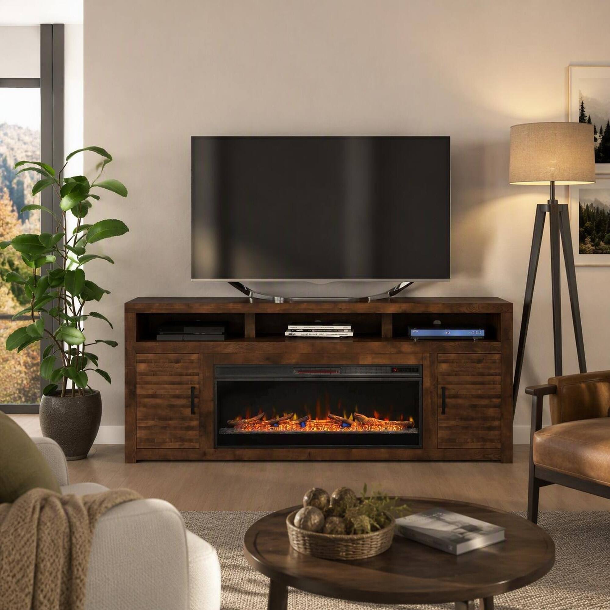 Left. RYHNUYNE - 78 Inch Sausalito Fireplace TV Stand, Fits Up To 90 Inch TVs For Modern Living Room Media Storage Warm Ambience - Brown.
