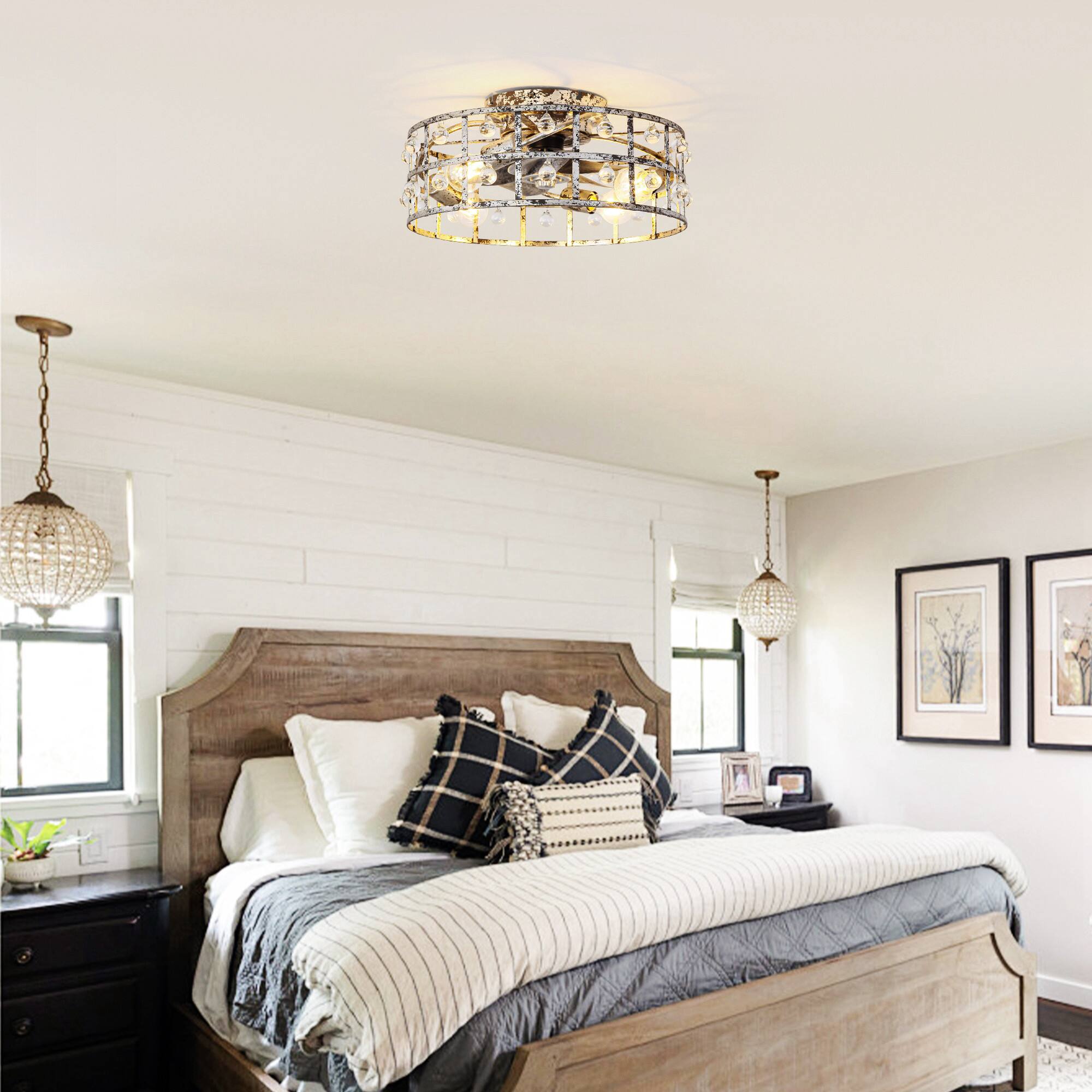 Left. Parrot Uncle - 17.7 in. Caged LOW Profile Smart Ceiling Fan with Light and Remote and APP Control - Distressed Silver.