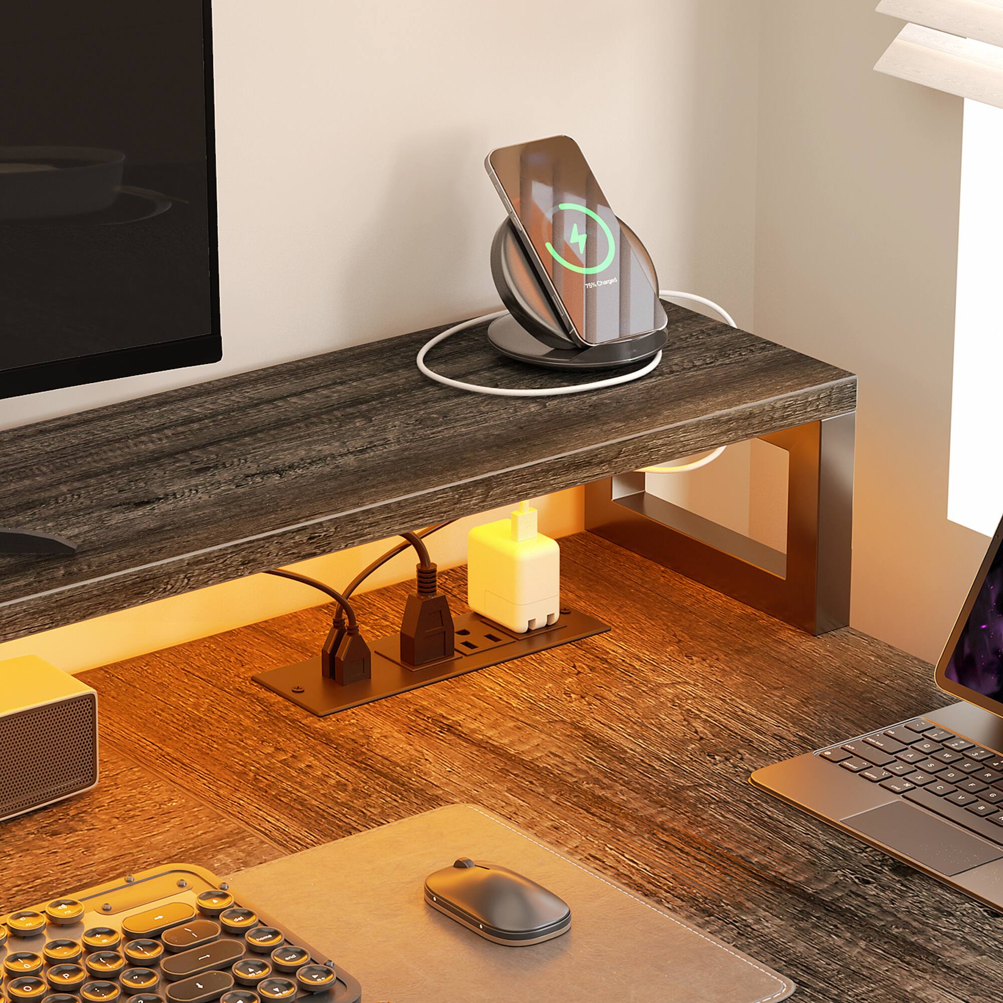 Alt View 1. Aheaplus - Reversible L Shaped Gaming/Office Desk with Power Outlet, File Drawer, Monitor Stand, LED Strip & Storage Shelf - Gray Oak.