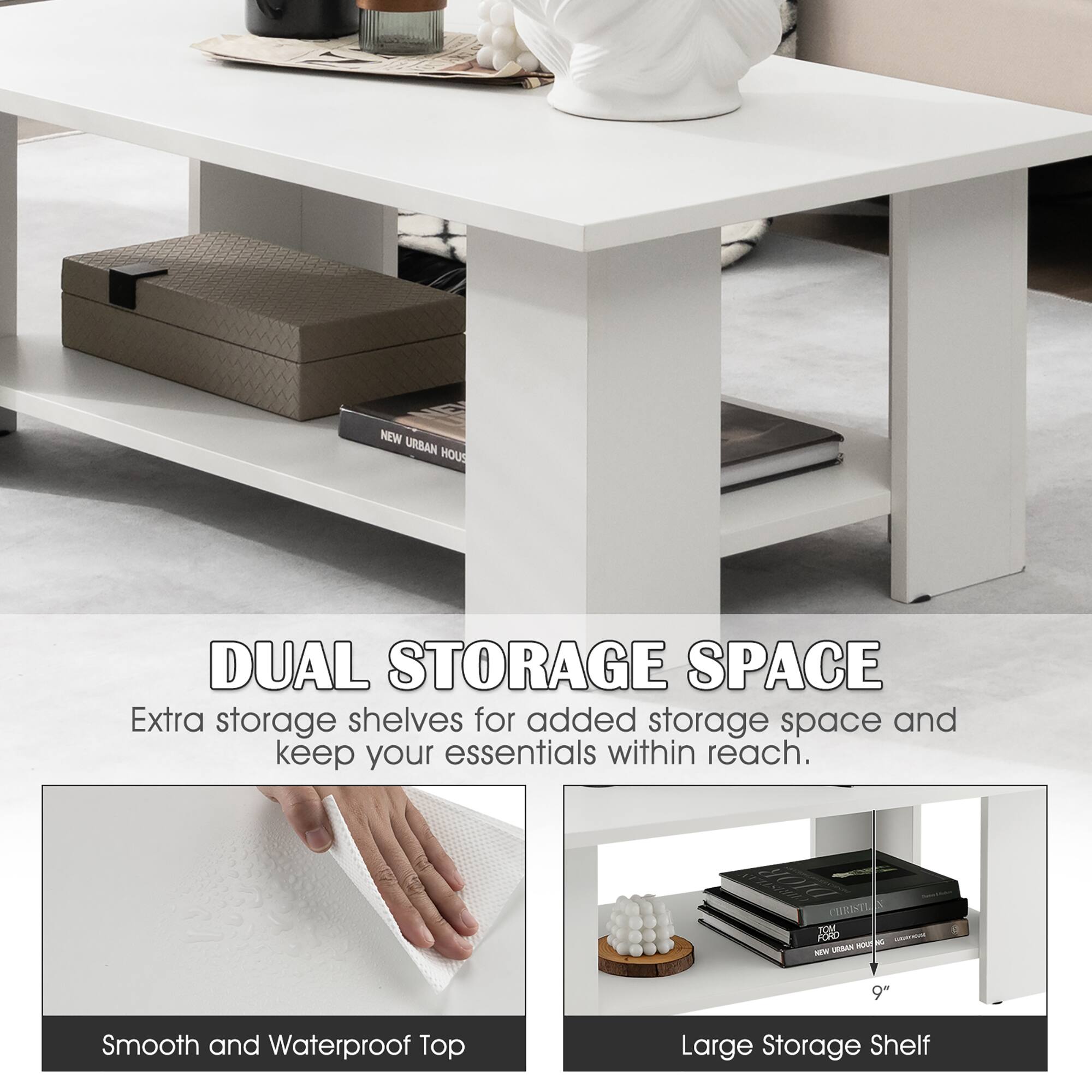 NEW URBAN HOME DUAL STORAGE SPACE Extra storage shelves for added storage space and keep your essentials within reach. Smooth and waterproof top Large Storage Shelf