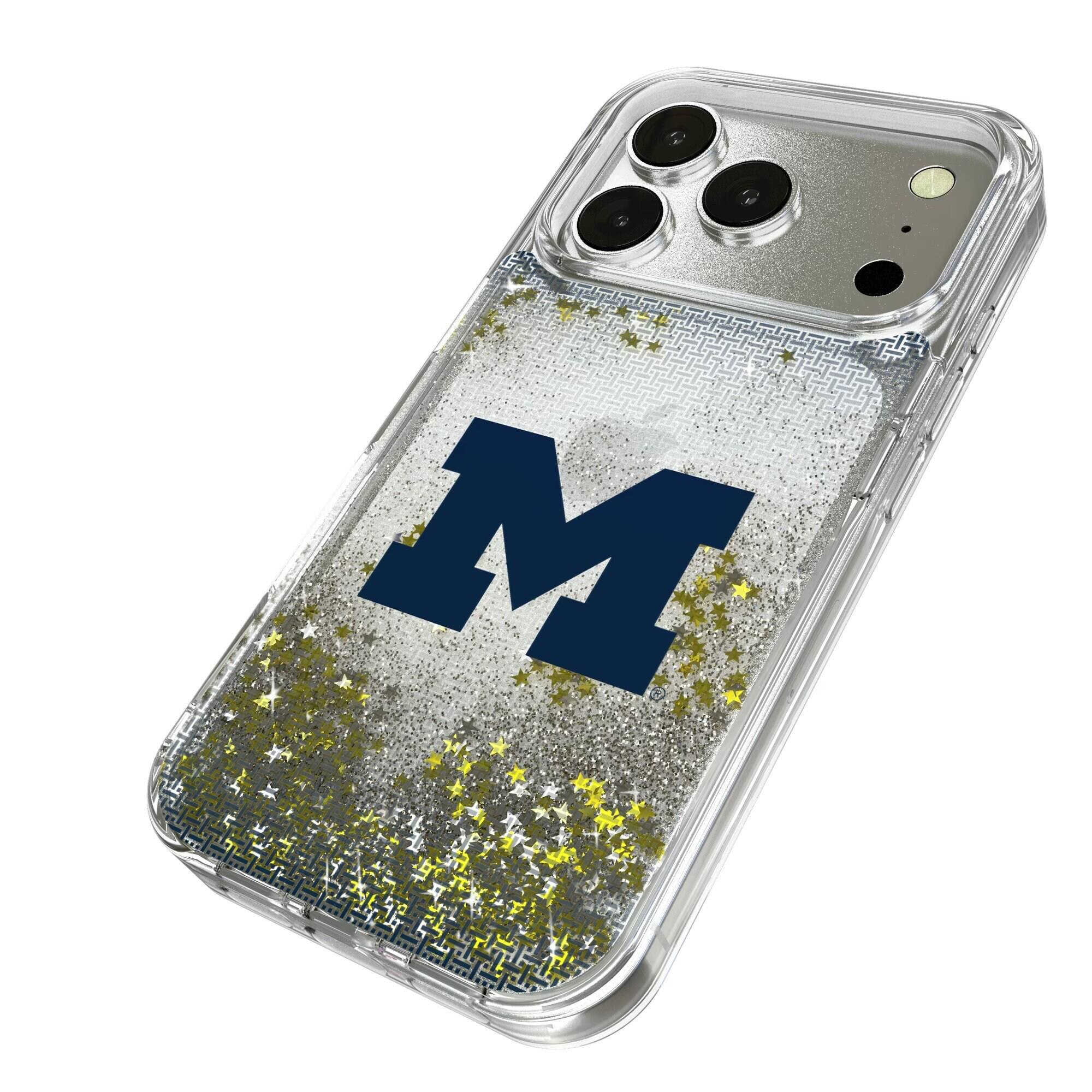 Alt View 1. Keyscaper - Michigan Wolverines Linen Logo iPhone Glitter Case - 15 Pro - Multicolor.