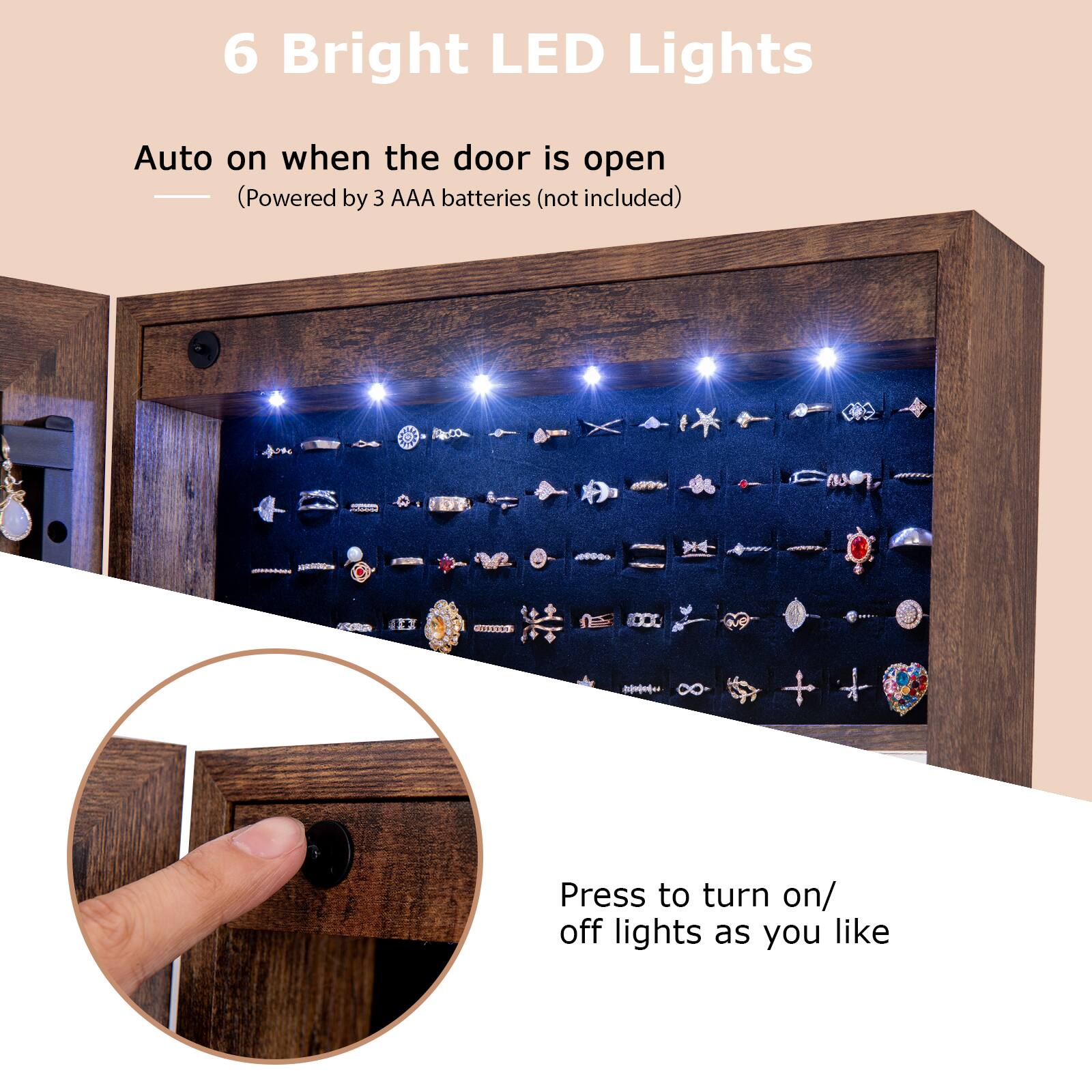 6 Bright LED Lights

Auto on when the door is open  
(Powered by 3 AAA batteries (not included))

Press to turn on/ off lights as you like