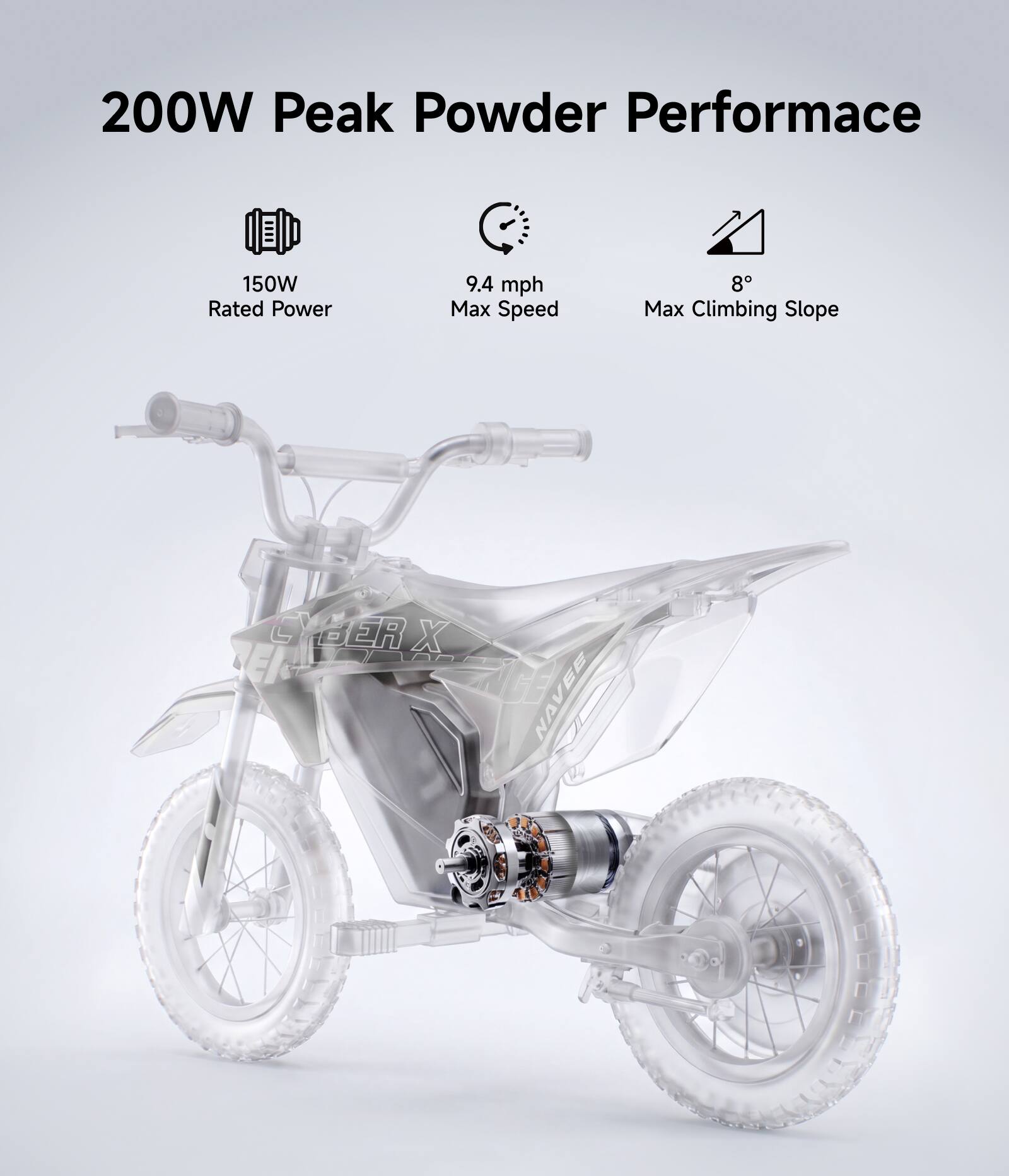 200W Peak Power Performance  
150W Rated Power  
9.4 mph Max Speed  
8° Max Climbing Slope  
SYBER X NAVEE