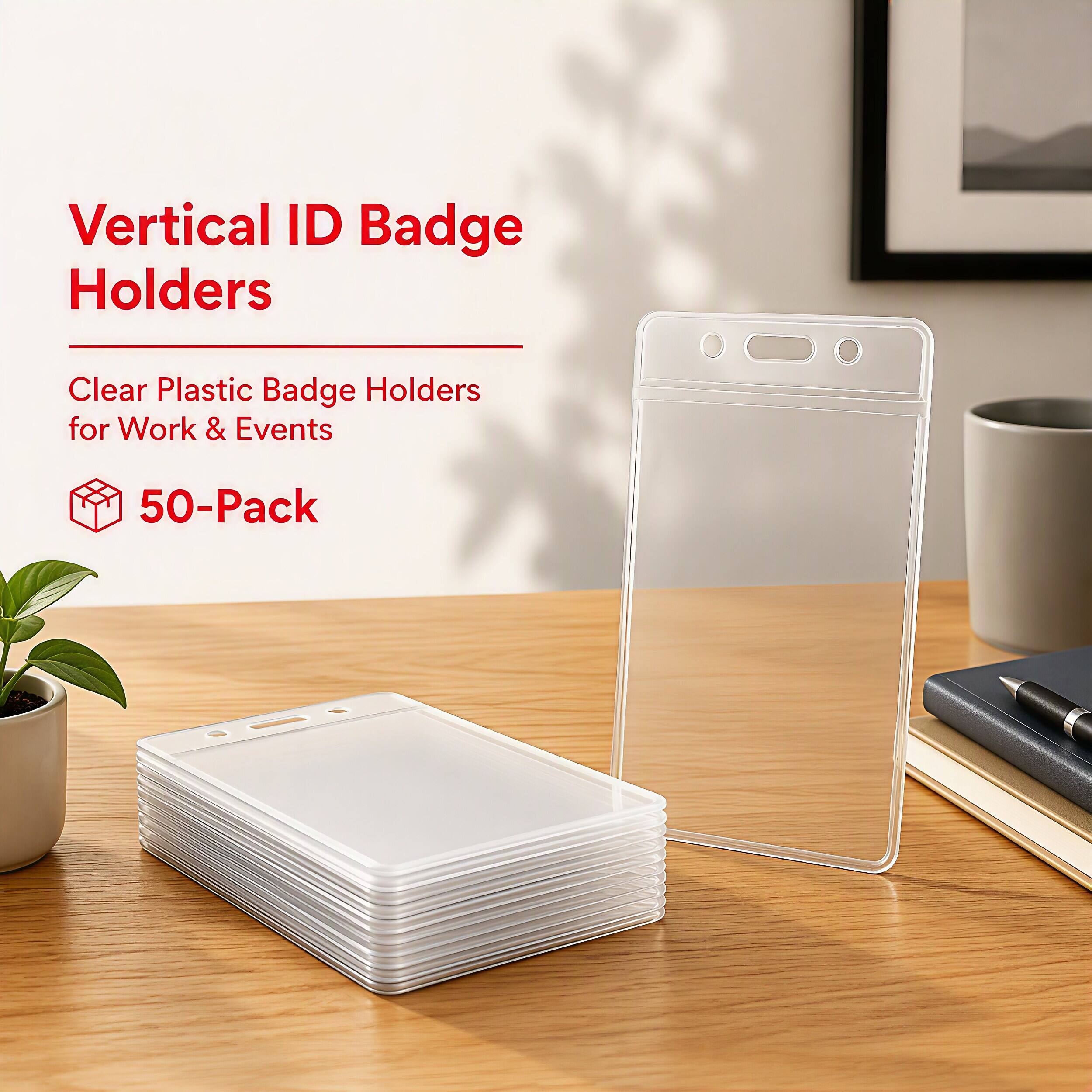Vertical ID Badge Holders  
Clear Plastic Badge Holders for Work & Events  
50-Pack