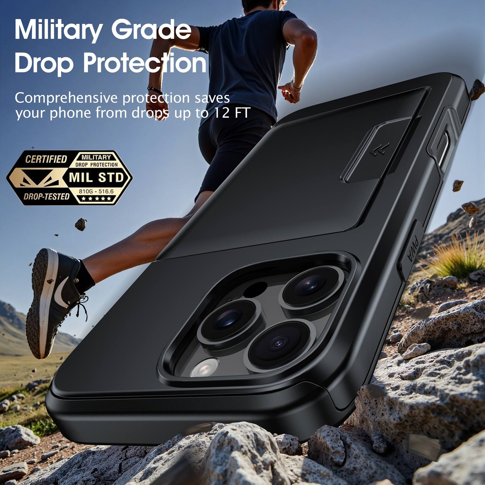Military Grade Drop Protection  
Comprehensive protection saves your phone from drops up to 12 FT  

CERTIFIED MILITARY DROP PROTECTION  
MIL STD 810G-516.6 DROP-TESTED
