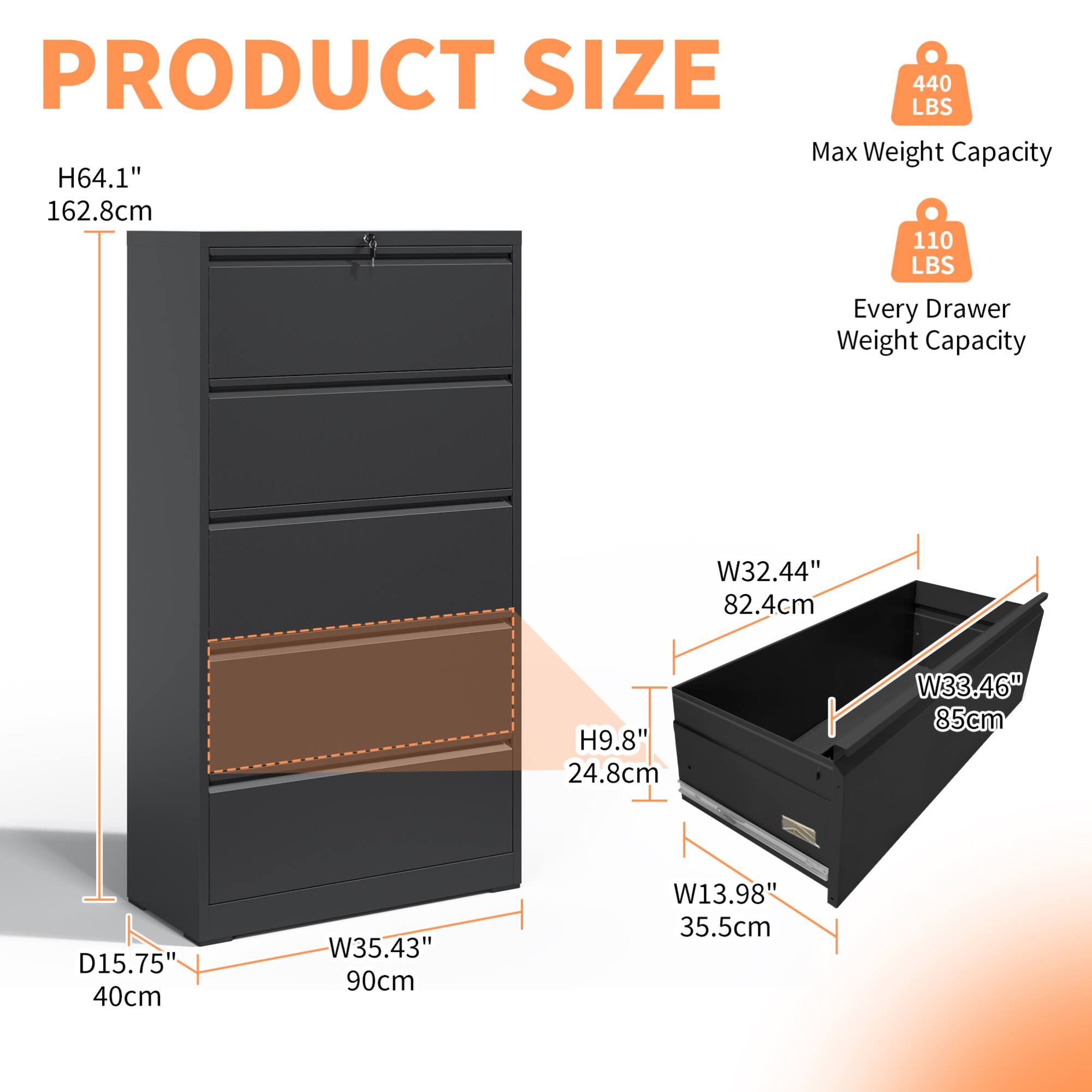 PRODUCT SIZE

H64.1" 162.8cm  
W35.43" 90cm  
D15.75" 40cm  

Max Weight Capacity: 440 LBS  
Every Drawer Weight Capacity: 110 LBS  

Drawer Dimensions:  
W32.44" 82.4cm  
H9.8" 24.8cm  
W33.46" 85cm  
W13.98" 35.5cm