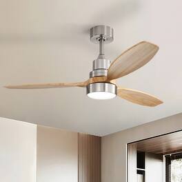 Sofucor - 52” Outdoor Remote Ceiling Fan with Light and Solid Wood Blade 3CCT Dimmable LED 6-Speed Reversible Motor - Silver