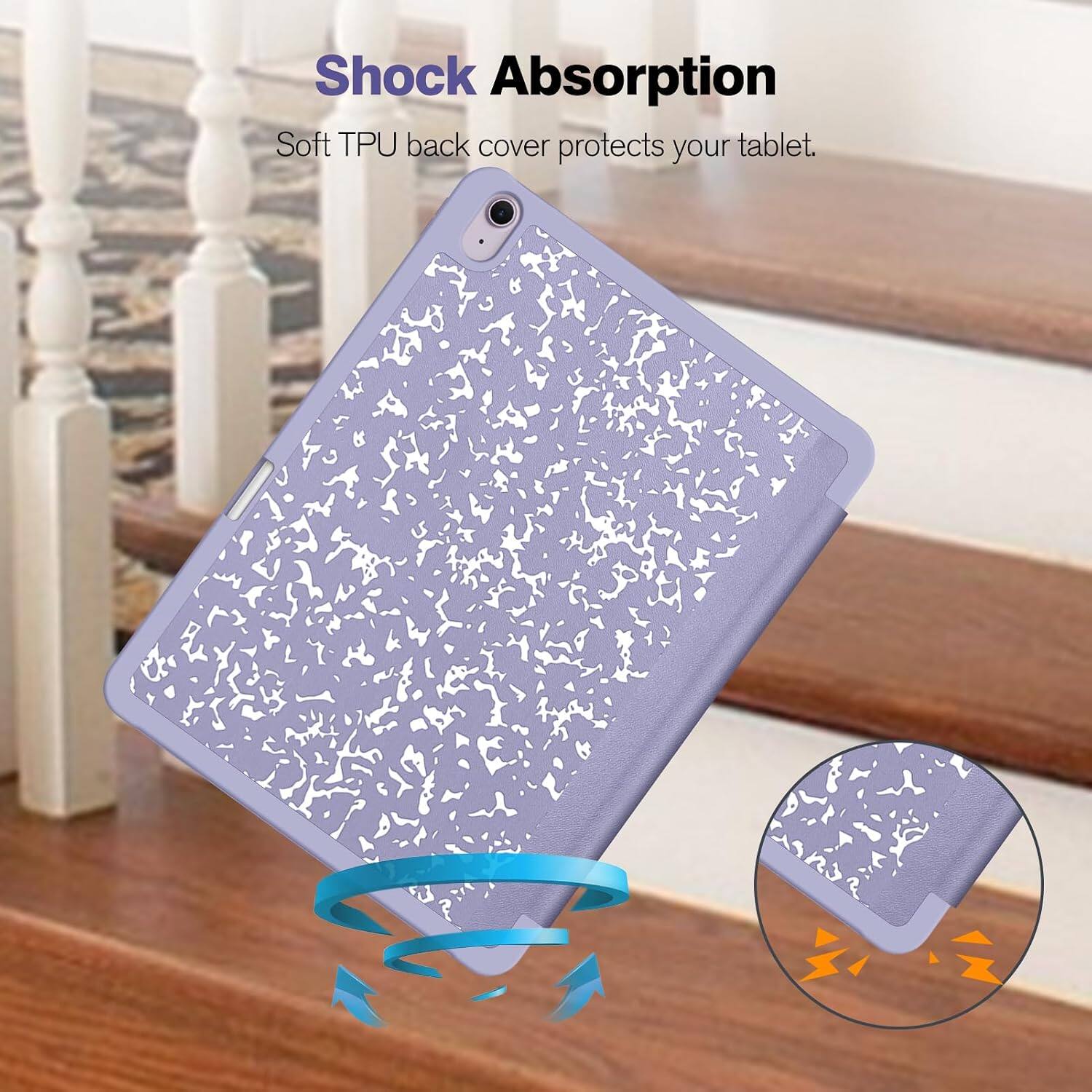 Shock Absorption  
Soft TPU back cover protects your tablet.
