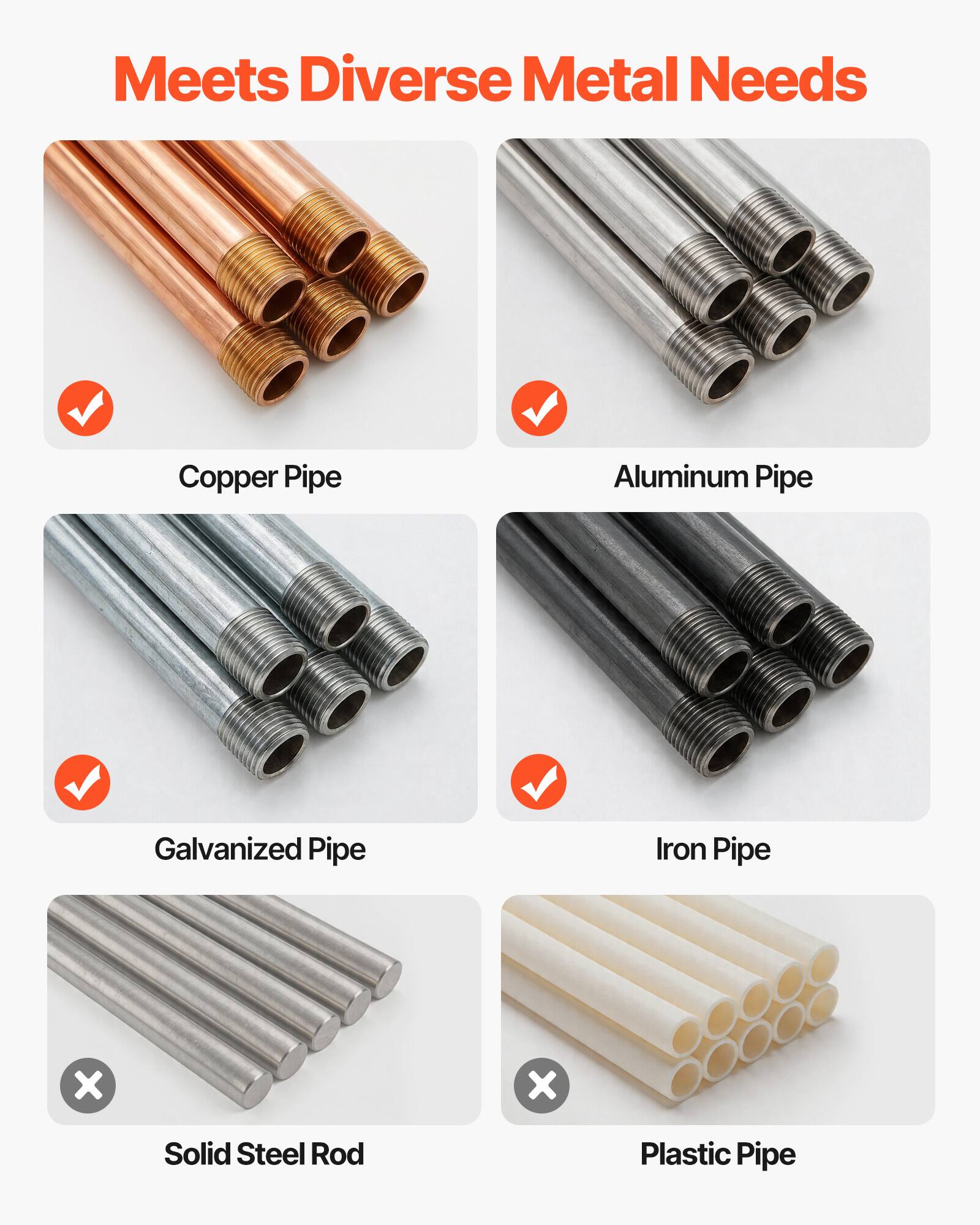 Meets Diverse Metal Needs

- Copper Pipe
- Aluminum Pipe
- Galvanized Pipe
- Iron Pipe

x Solid Steel Rod
x Plastic Pipe