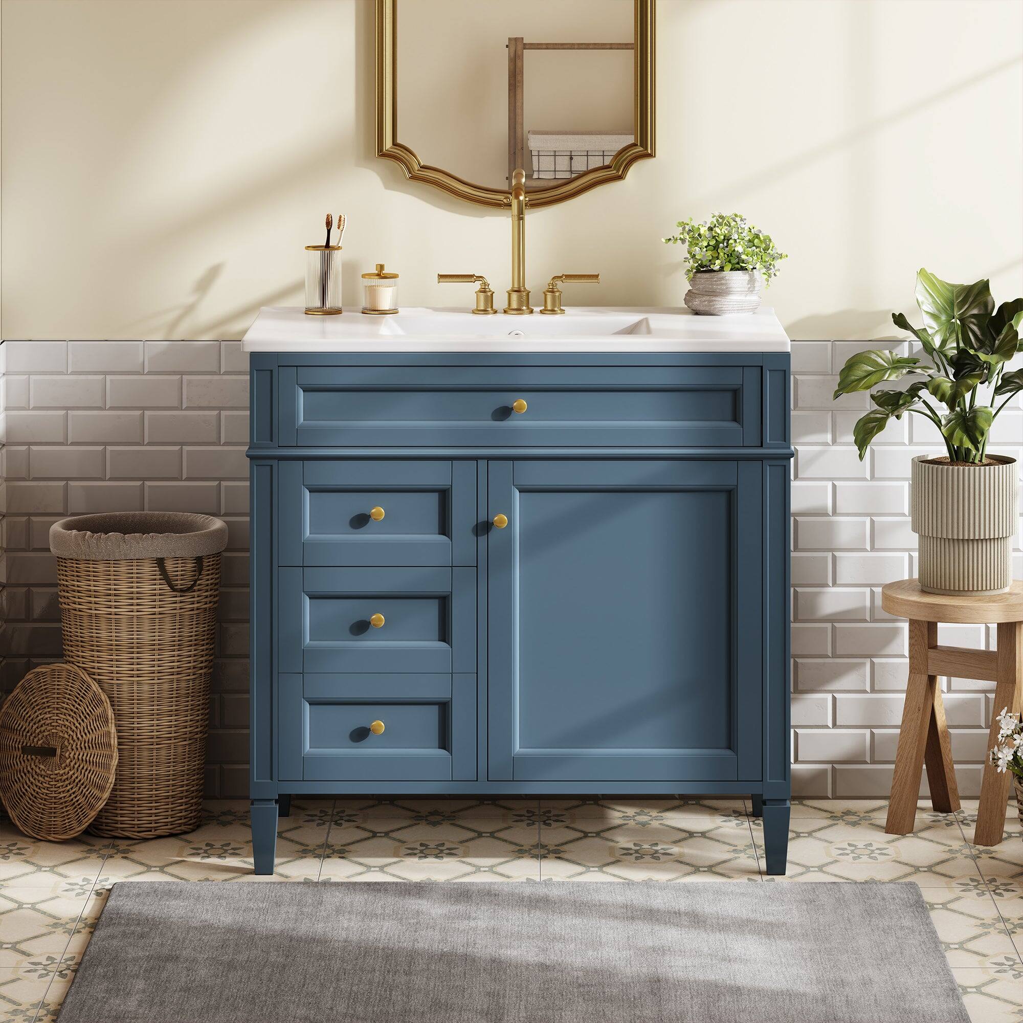 Alt View 1. Boyel Living - 36 Inch Modern Bathroom Vanity with Ceramic Sink Three Drawers Indigo Blue - Blue.