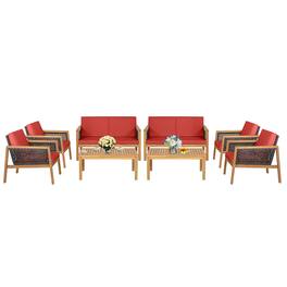 Costway - 8PCS Patio Rattan Furniture Set Acacia Wood Cushioned Sofa - Mix Brown,Red