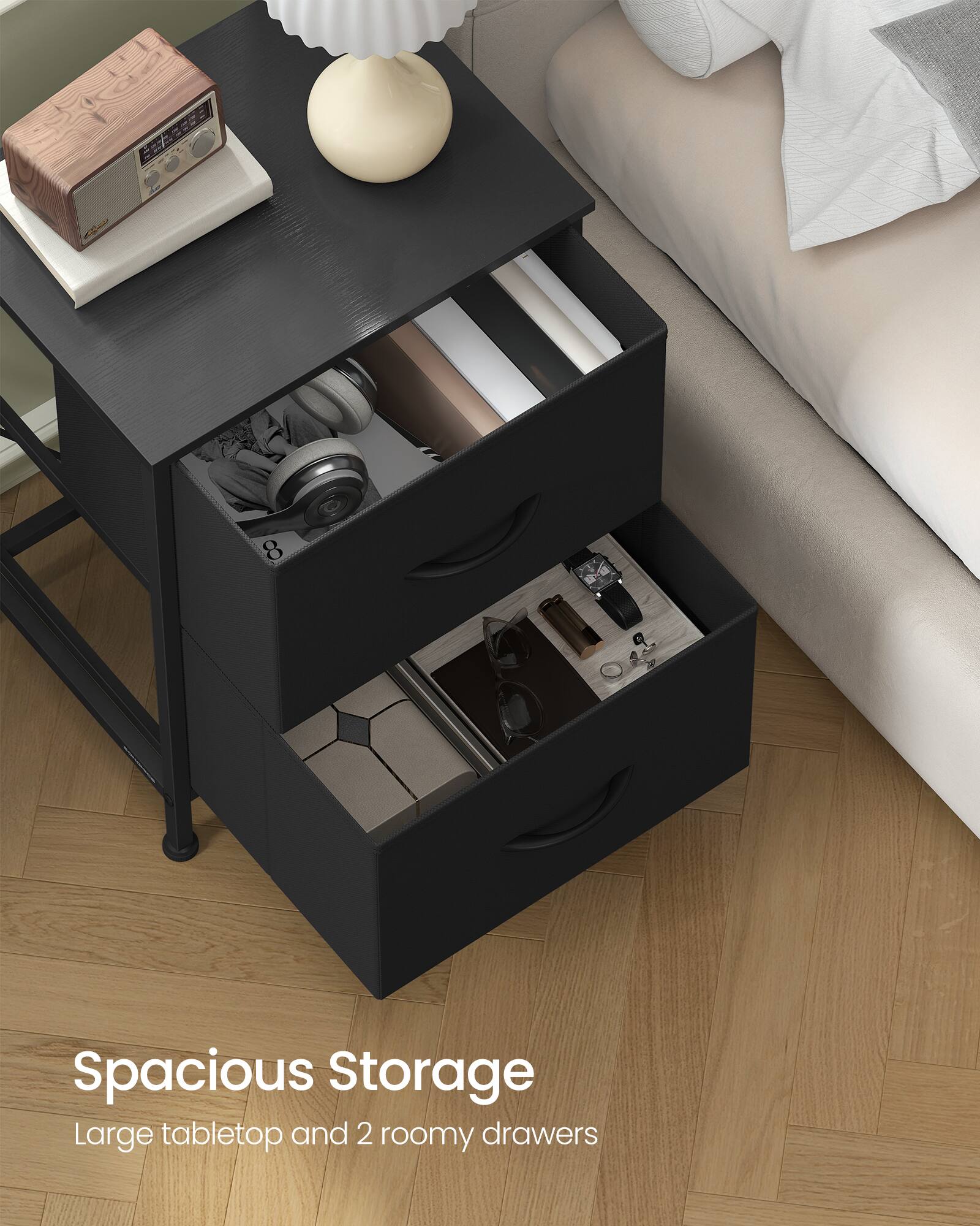 Spacious Storage  
Large tabletop and 2 roomy drawers