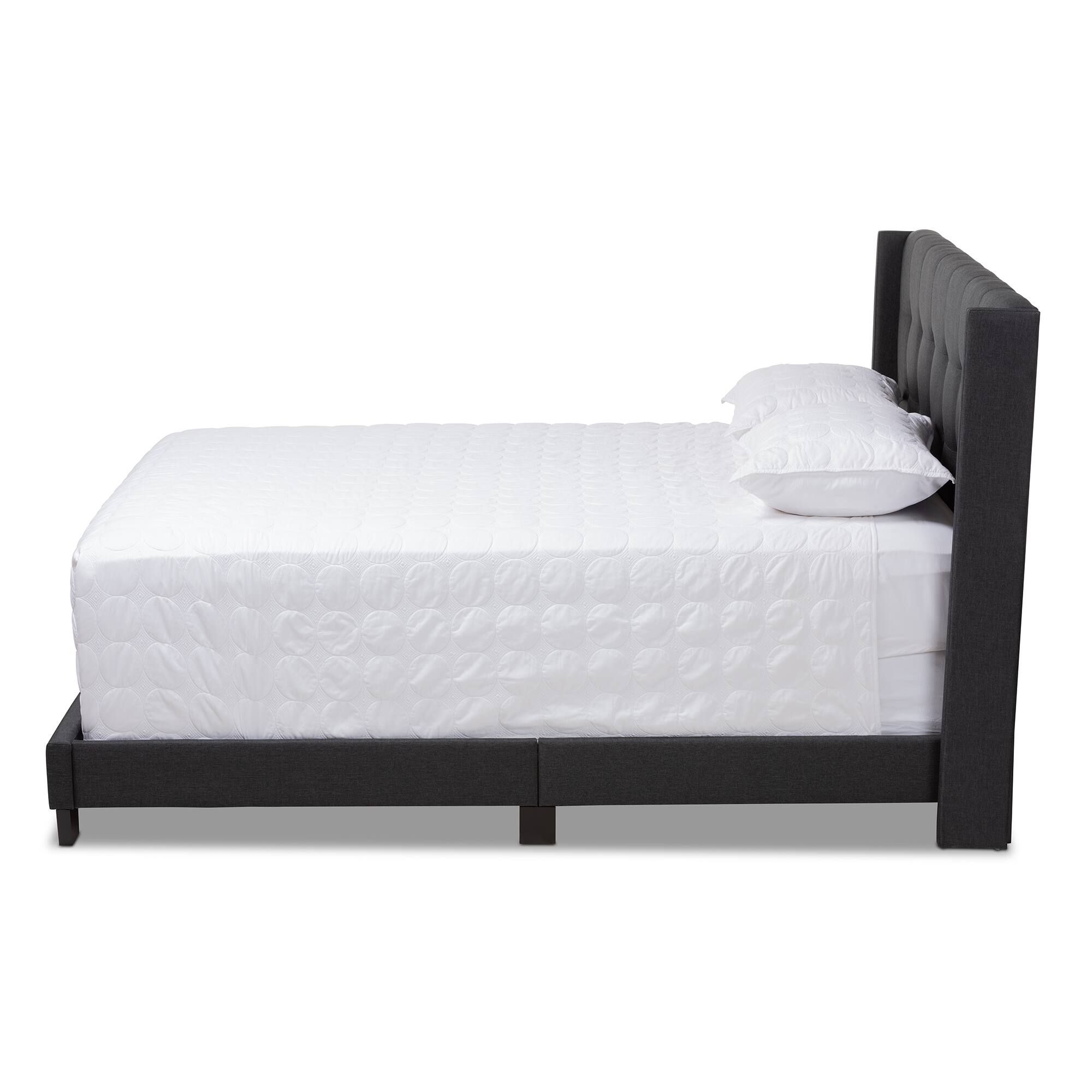 Angle. Baxton Studio - Lisette Modern and Contemporary Fabric Upholstered Queen Size Bed - Charcoal Grey.