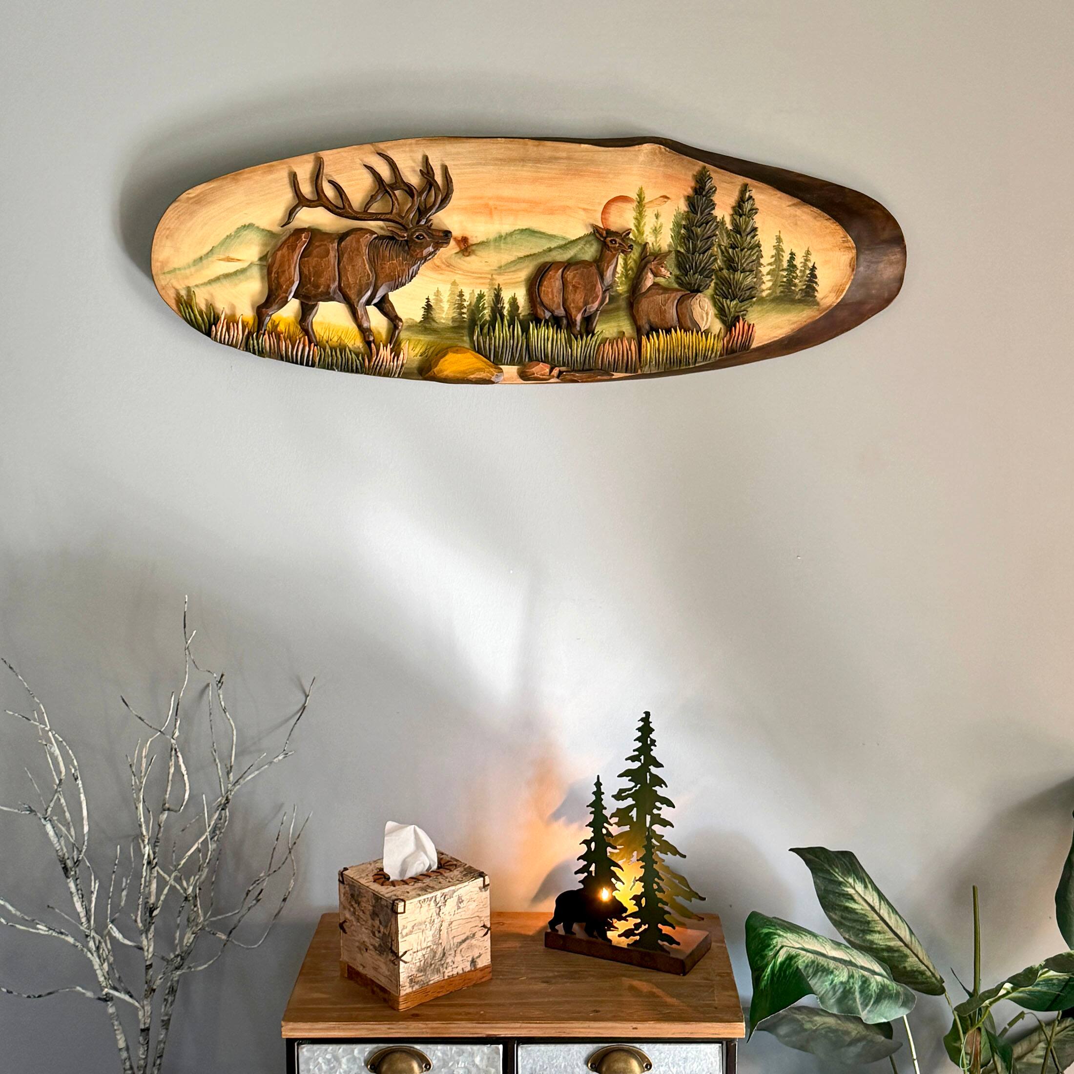 Alt View 3. Zeckos - Elk Family Intarsia Wood Oval Wall Sculpture 13x40 Rustic Cabin Decor - Brown.
