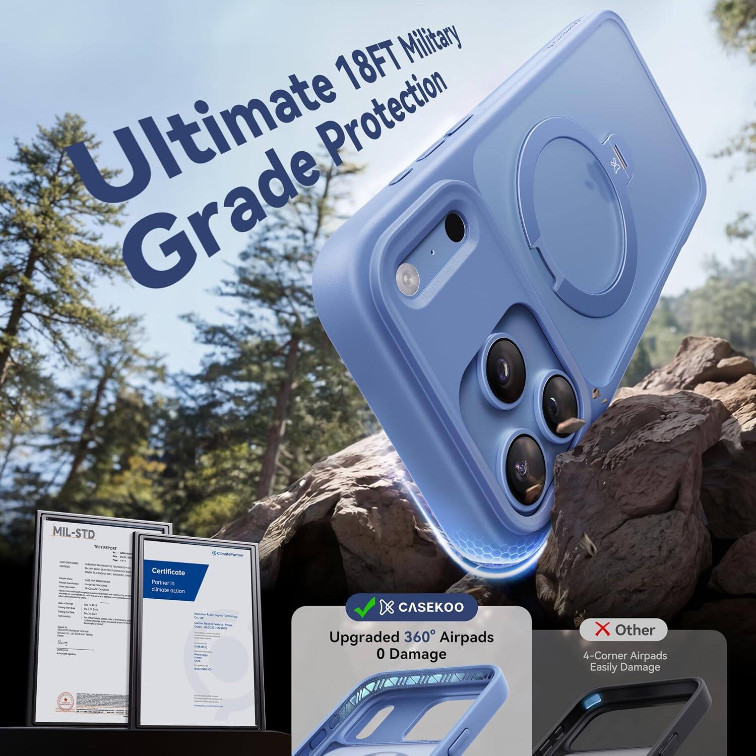 18FT Military Ultimate Protection Grade

MIL-STD TEST REPORT

Certificate Portner in in climote oction Dverchan NIS - - -

CASEKOO Upgraded 360 Airpads 0 Damage

X Other 4-Corner Airpads Easily Damage