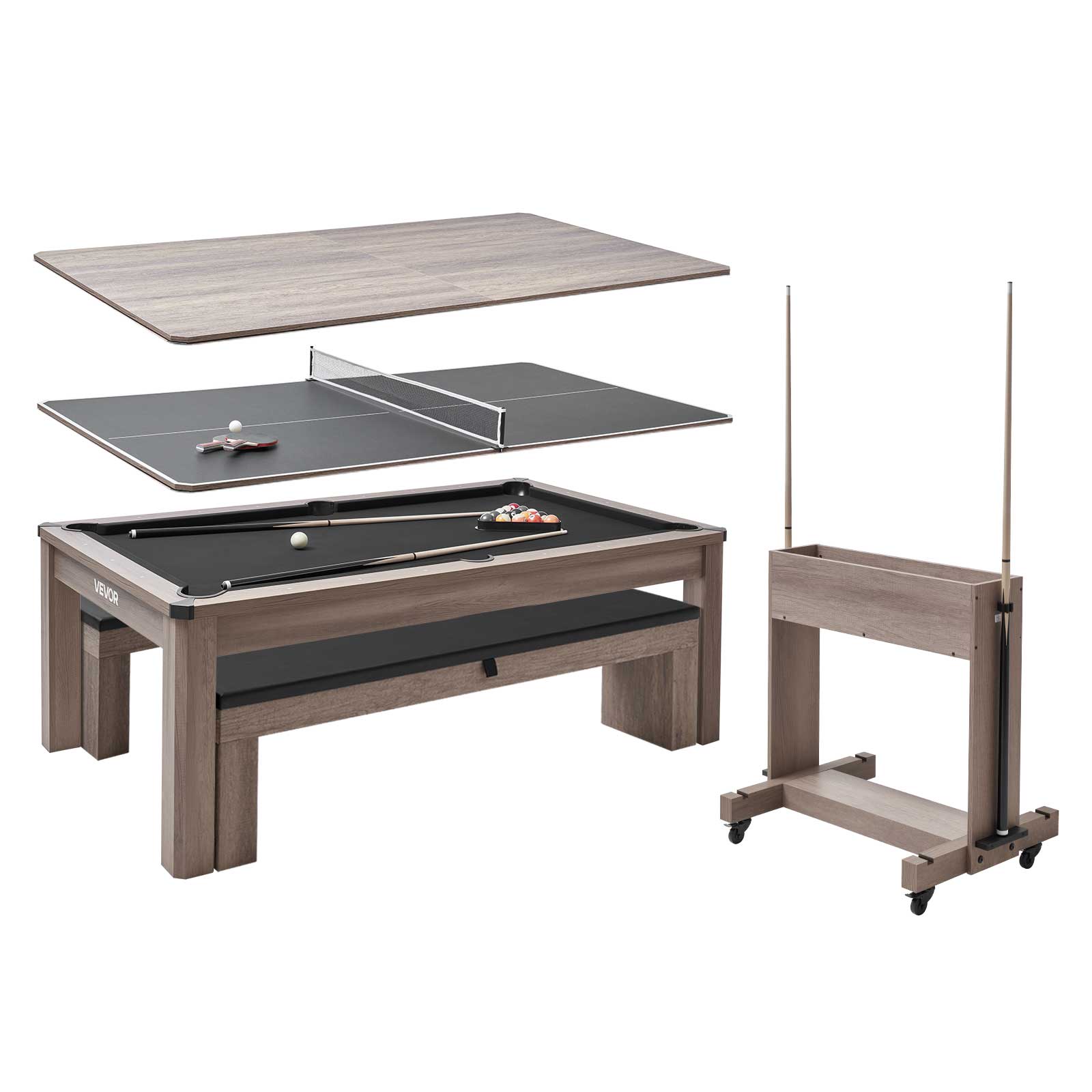 Front. VEVOR - 7ft Pool Table Combo Set, 3-in-1 Multi Game Billiards Tables with Dining Top and Ping Pong, 2 Benches - Grey.