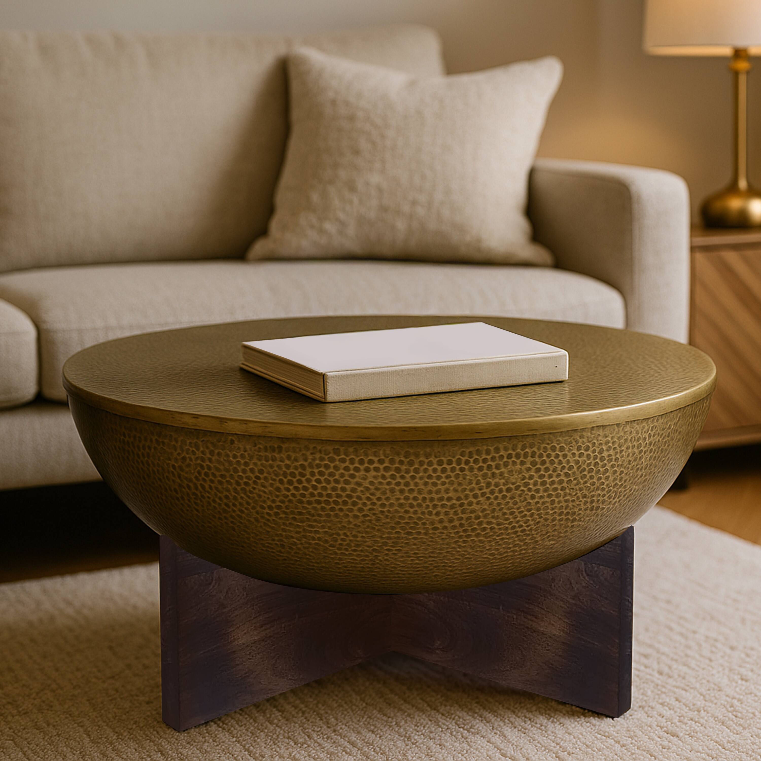 Alt View 6. Manhattan Lane - Arden Coffee Table | Round Hammered Metal Top | Mango Wood Base| Antique Brass - Antique Brass, Brown.