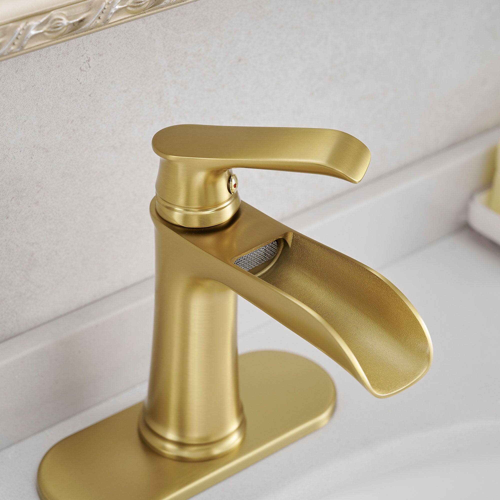 Angle. Boyel Living - Single Handle Single Hole Bathroom Faucet Brushed Gold with Deck Plate Pop Up Drain and Water Supply Hoses - Brushed Gold.