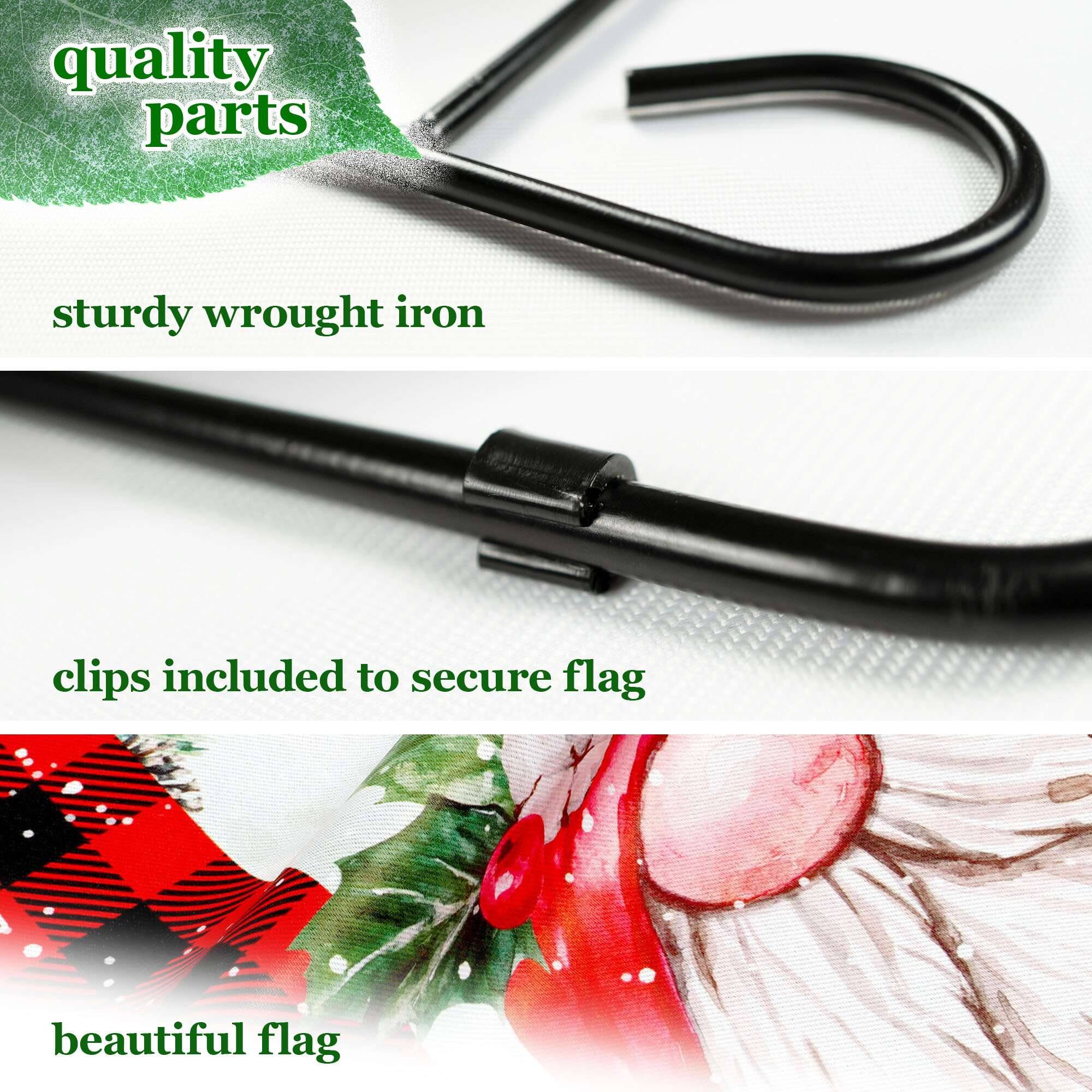 quality parts  
sturdy wrought iron  
clips included to secure flag  
beautiful flag