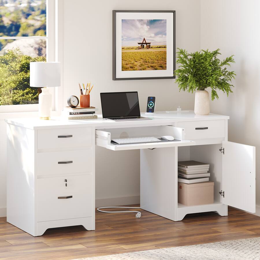 Bestier 59 inch Office Desk with Charging station, File Drawers ...