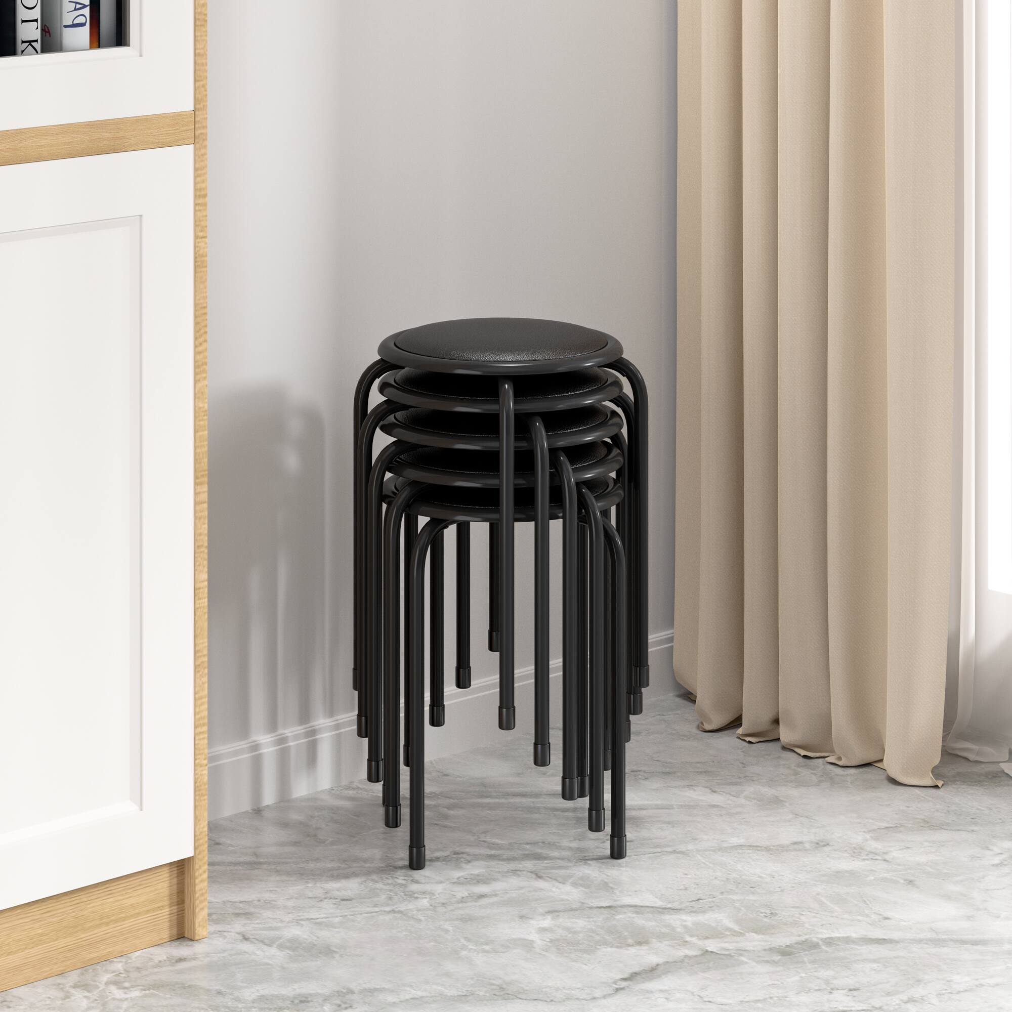 Alt View 5. Vecelo - 6-Pack Steel Stack Stools, Portable Stackable Backless School Stools with Pu Leather, Round Classroom Decoration Stools - Black.