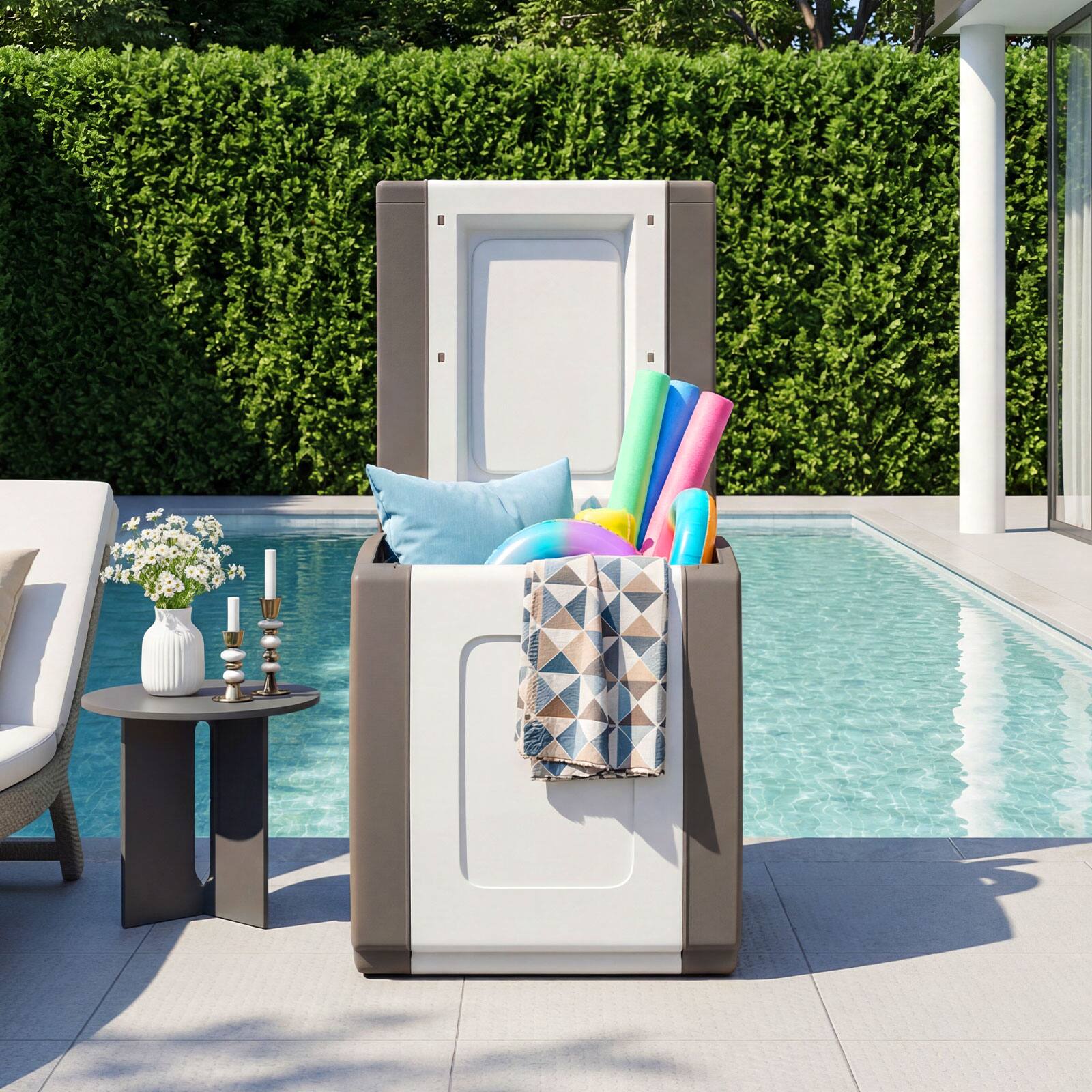 Alt View 4. Gymax - Gymax Deck Box Patio Container w/ Lockable Lid Weatherproof Plastic Storage Bin Brown & White - Brown.