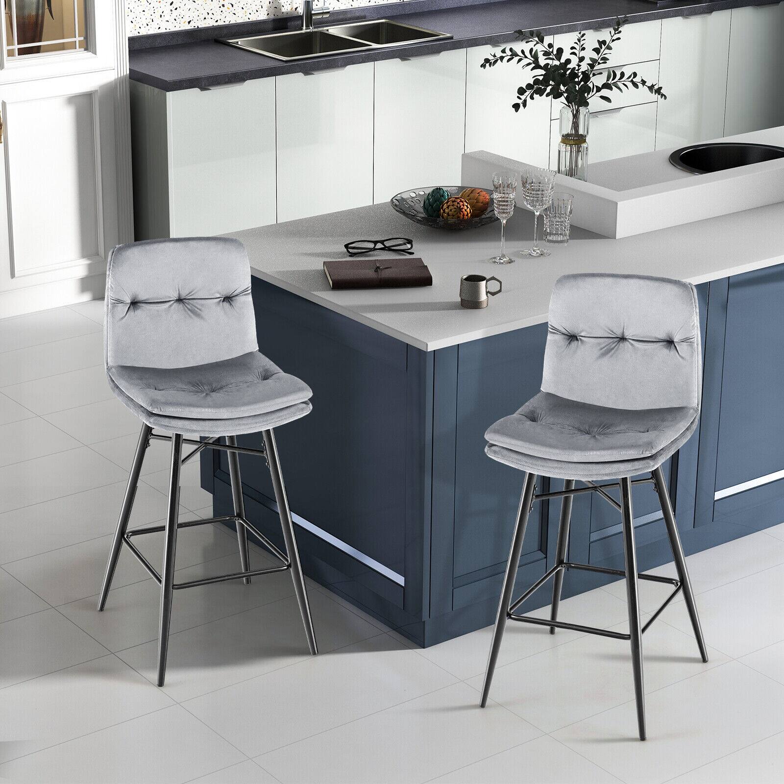 Alt View 7. Ecooso - 2 Pieces 29 Inch Velvet Bar Stools Set with Tufted Back and Footrests - Gray.