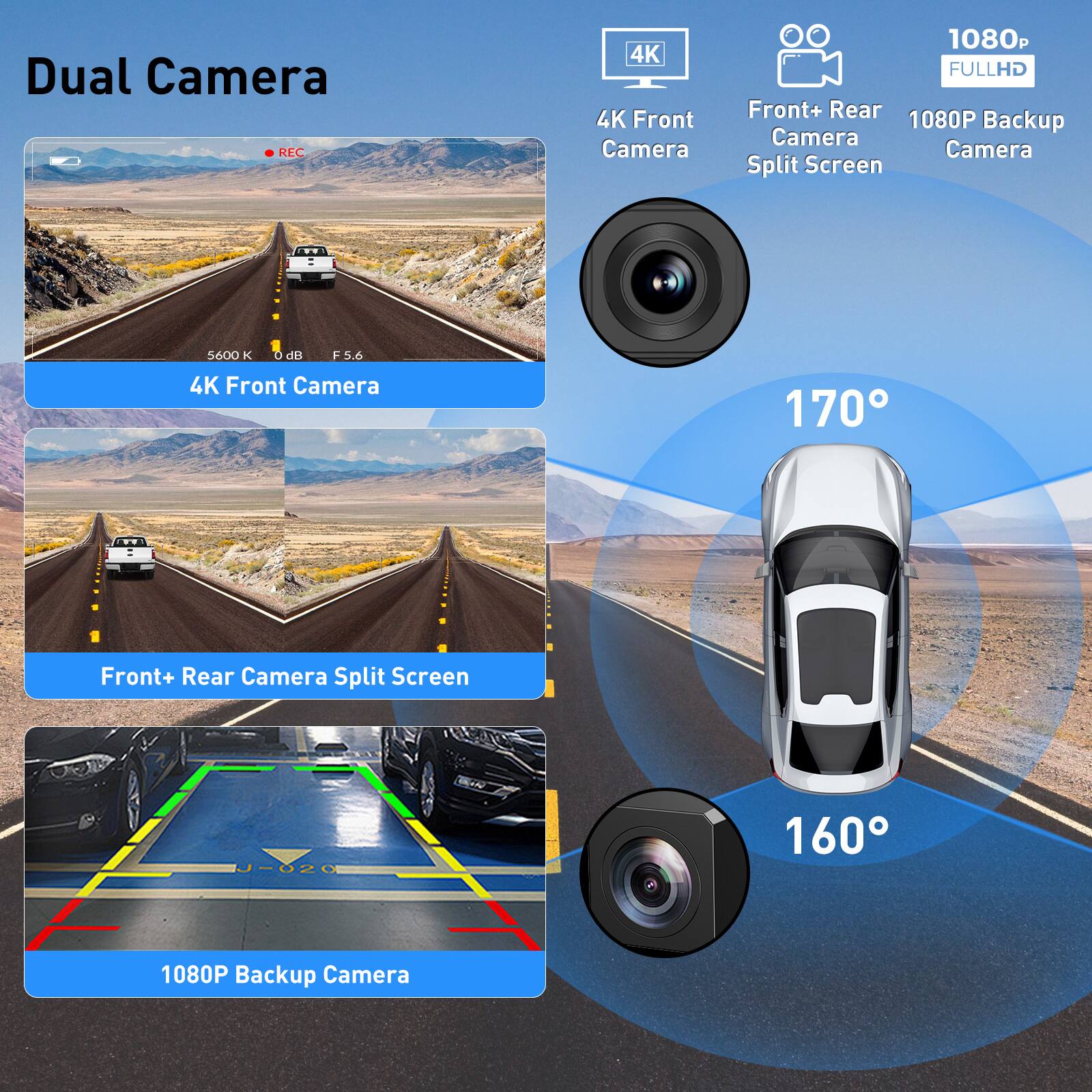 Dual Camera

- 4K Front Camera
- Front+ Rear Camera Split Screen
- 1080P Backup Camera

4K Front Camera

Front+ Rear Camera Split Screen

1080P Backup Camera

5600 K de F 5.6

170°

160°