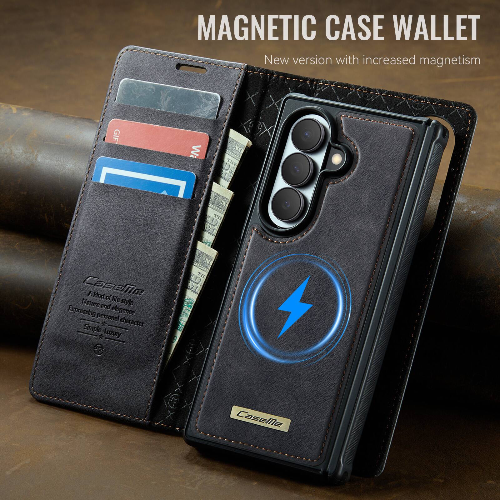 MAGNETIC CASE WALLET  
New version with increased magnetism  

GIF  
Wa  
THE  
Caseme F.Vind of life Nature and style Expressing personal elegance Simple character Luxury  
HT  
CaseMe