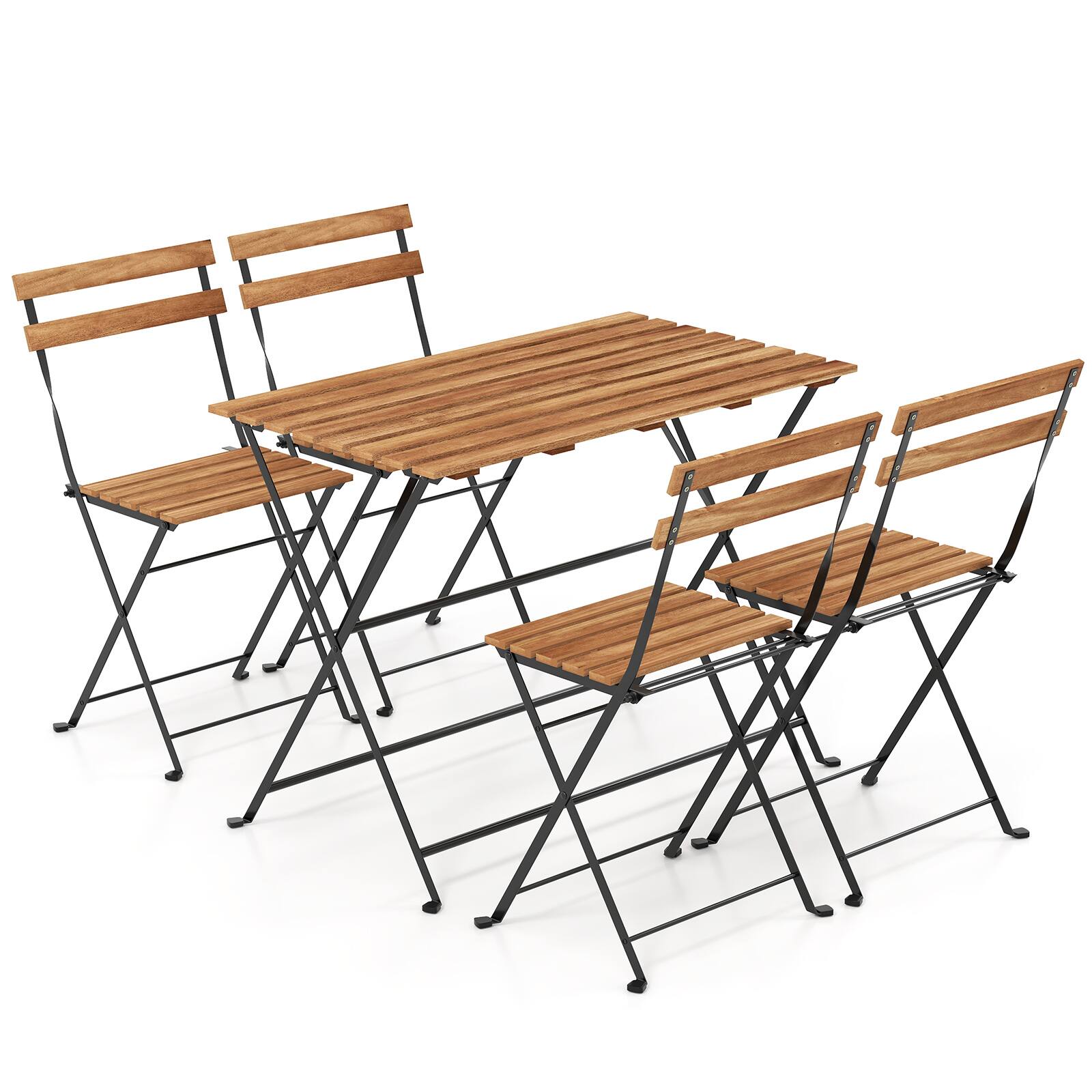 Alt View 9. Gymax - Gymax 5 PCS Patio Acacia Wood Dining Set w/ 4 Folding Chairs Slatted Seat & Tabletop - Black, Brown.