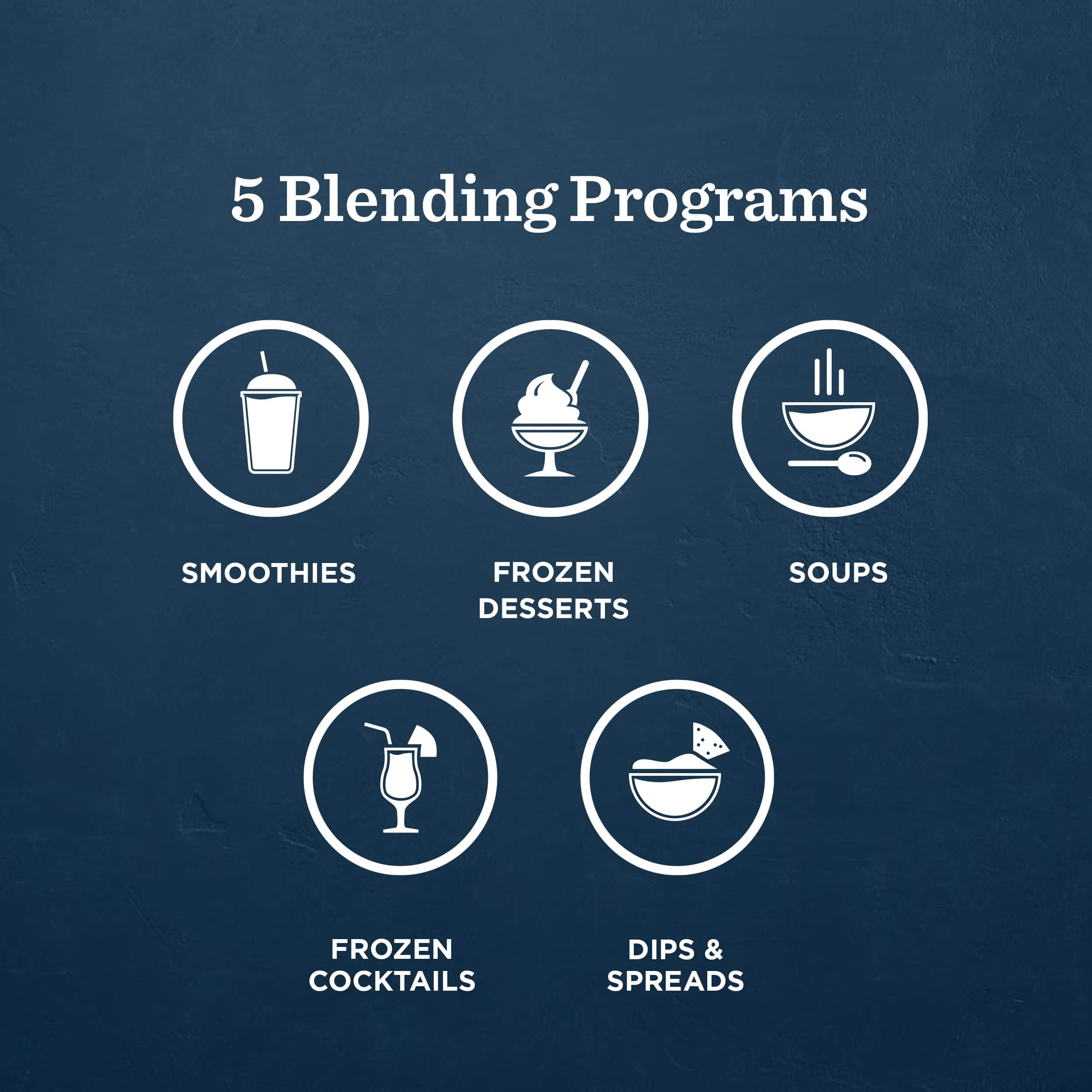5 Blending Programs: Smoothies, Frozen Desserts, Soups, Frozen Cocktails, Dips & Spreads