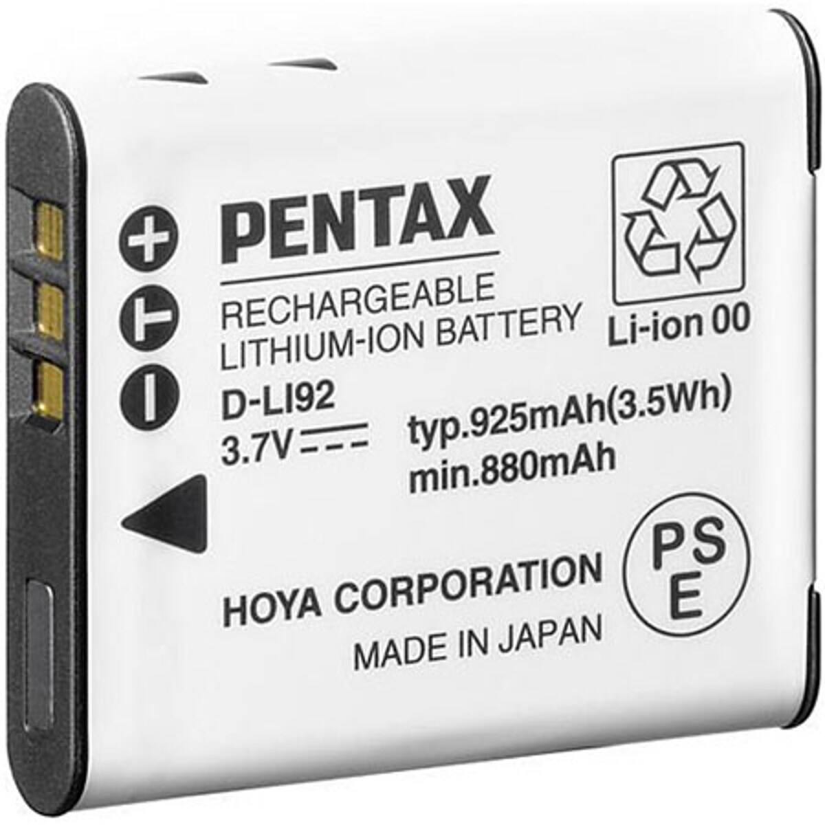 PENTAX RECHARGEABLE BATTERY Li-ion 00 LITHIUM-ION D-LI92 typ.925mAh(3.5Wh) 3.7V min.880mAh HOYA CORPORATION MADE IN JAPAN