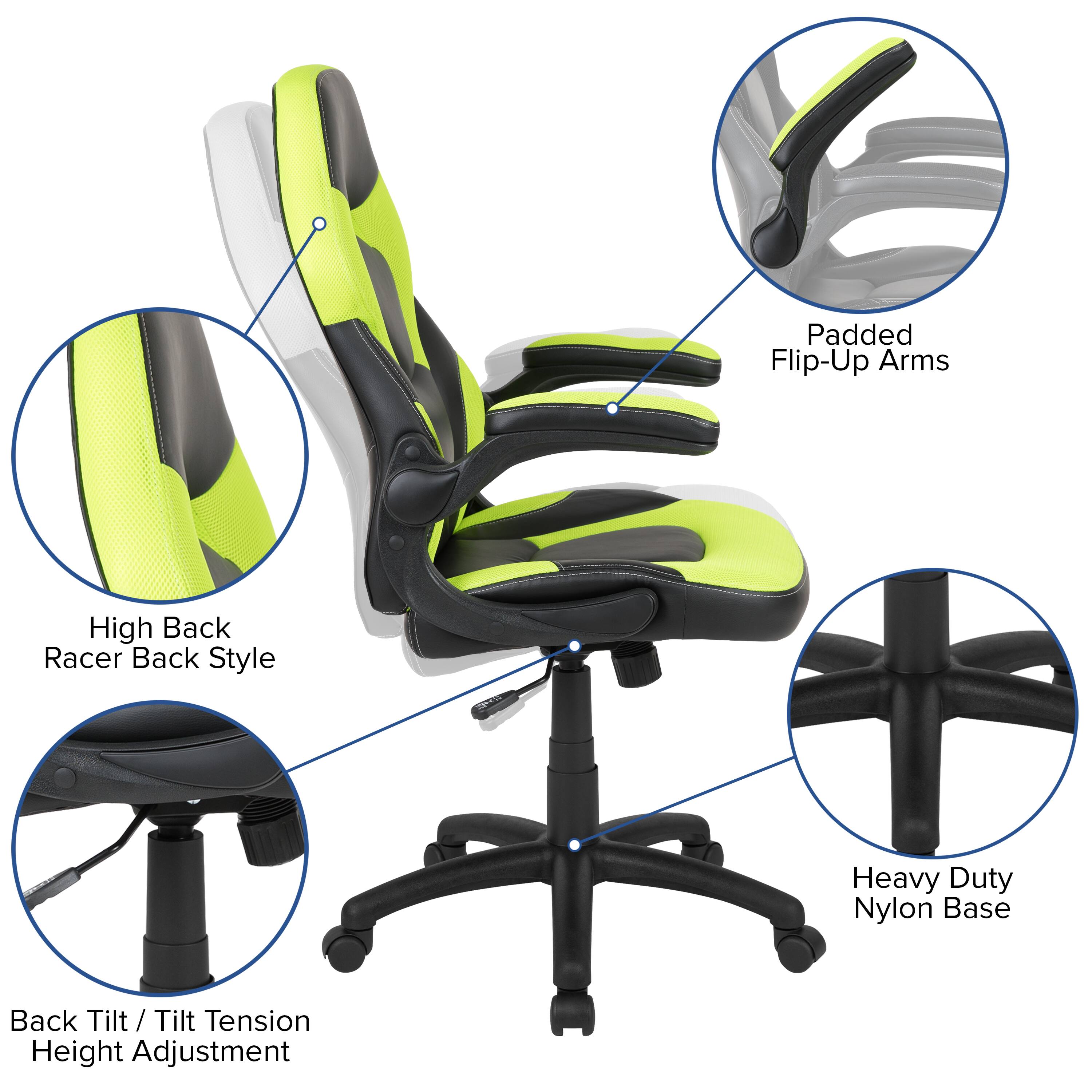 Padded Flip-Up Arms  
High Back Racer Back Style  
Heavy Duty Nylon Base  
Back Tilt / Tilt Tension Height Adjustment