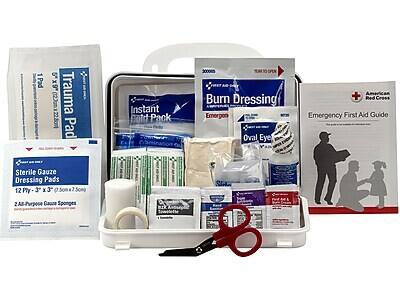 - Trauma Pad
- Instant Bold Pack
- Burn Dressing
- Oval Eye
- Sterile Gauze Dressing Pads
- Emergency First Aid Guide (American Red Cross)
- 2 All-Purpose Gauze Sponges
- Scissors