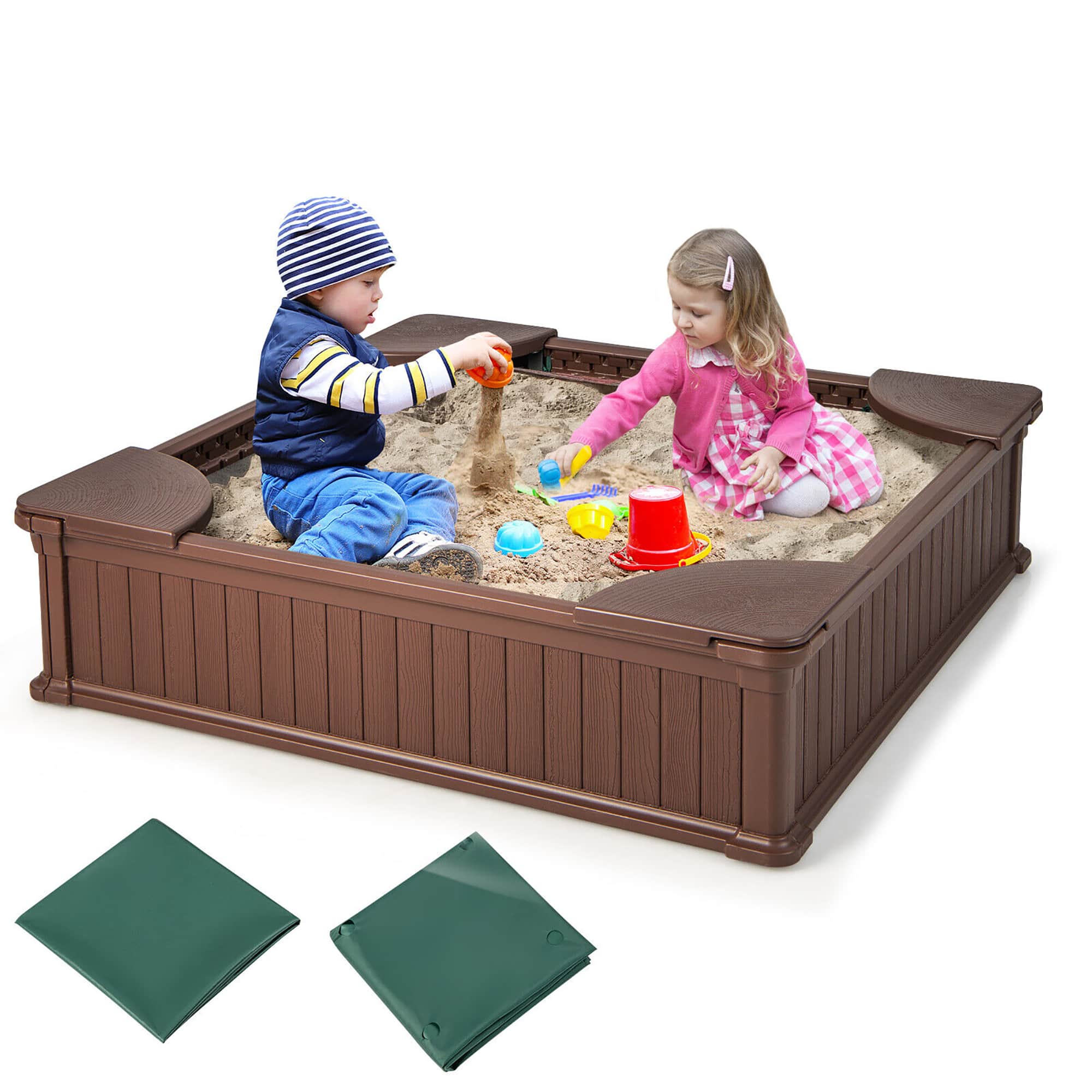 Gymax - Kids Outdoor Sandbox 48.5'' x 48.5'' x 12.5'' Large HDPE Sandpit with Oxford Cover - Brown