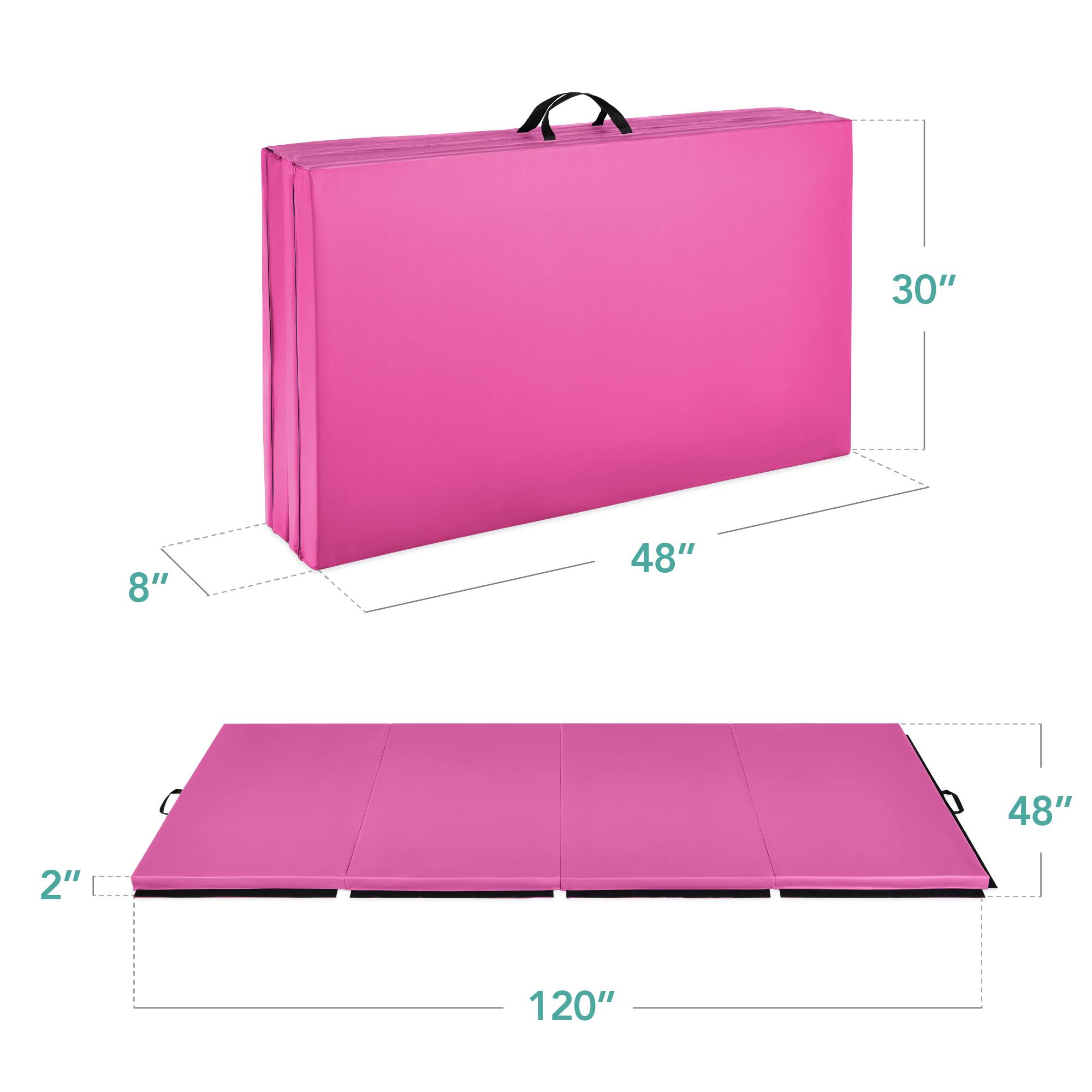 The dimensions of the pink box are:

- Length: 48"
- Width: 30"
- Height: 8"

The dimensions of the pink mat are:

- Length: 48"
- Width: 20"
- Thickness: 2"