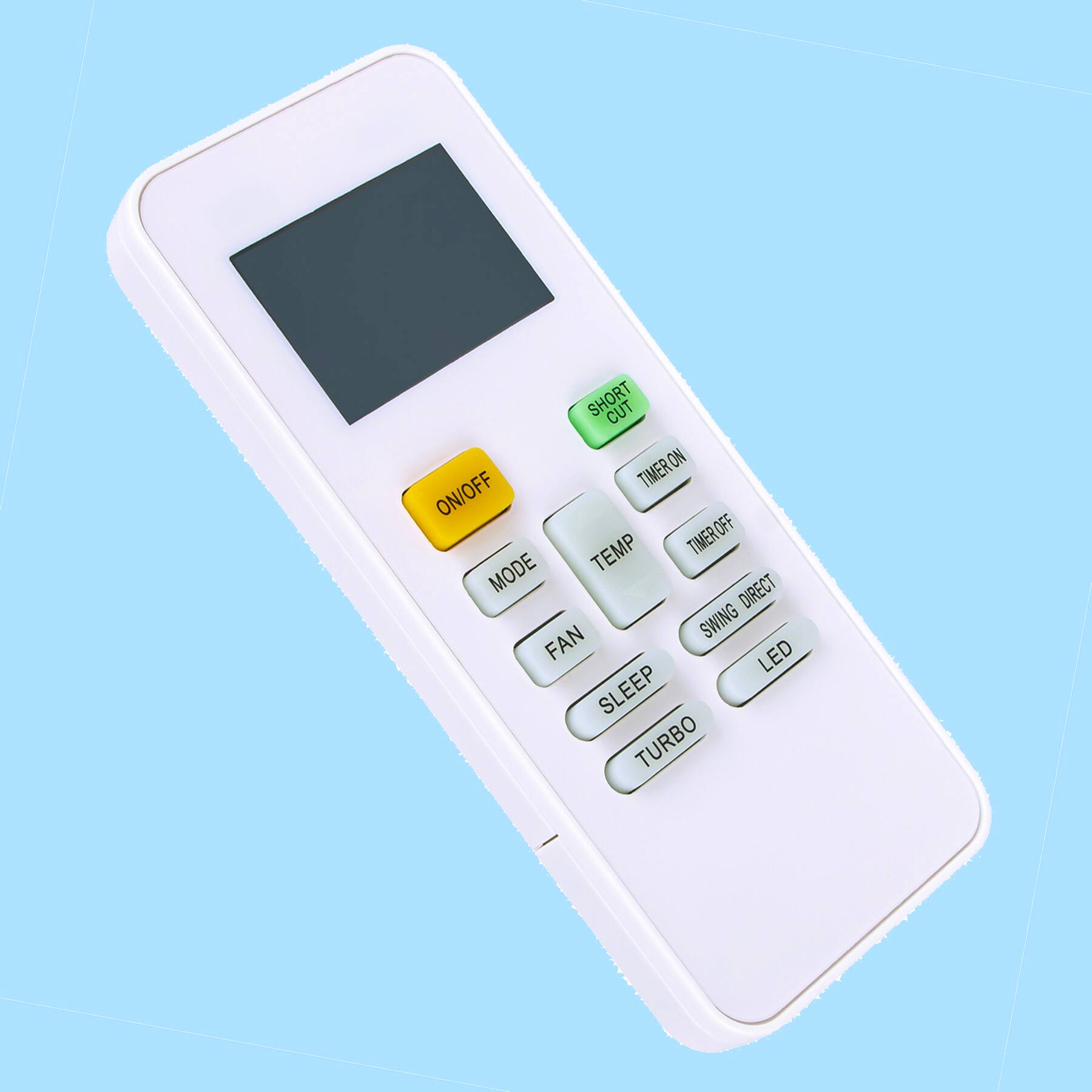 Here is the corrected and grouped text from the image:

- **ON/OFF**
- **MODE**
- **TEMP**
- **TIMER ON**
- **TIMER OFF**
- **FAN**
- **SLEEP**
- **TURBO**
- **SWING DIRECT**
- **LED**
- **SHORT CUT**
- **TIMER CUT**