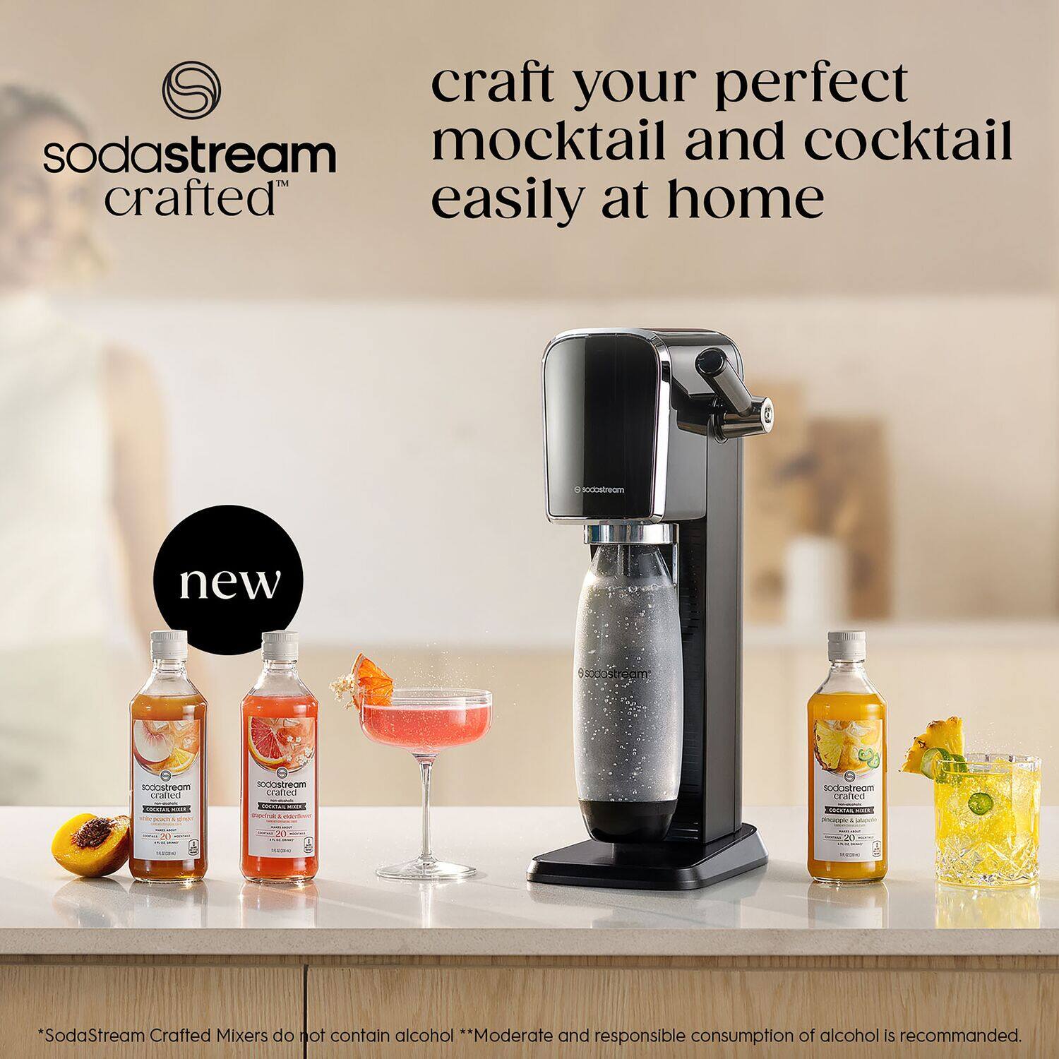 Craft your perfect SodaStream mocktail and cocktail easily at home. New SodaStream Sodastream Genesis. SodaStream Crafted Mixers do not contain alcohol. Moderate and responsible consumption of alcohol is recommended.