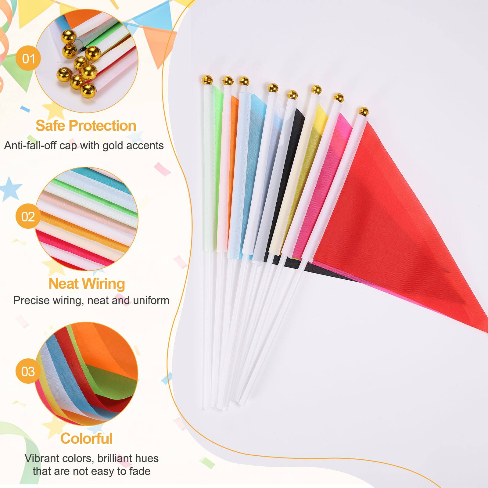 01 Safe Protection: Anti-fall-off cap with gold accents  
02 Neat Wiring: Precise wiring, neat and uniform  
03 Colorful: Vibrant colors, brilliant hues that are not easy to fade