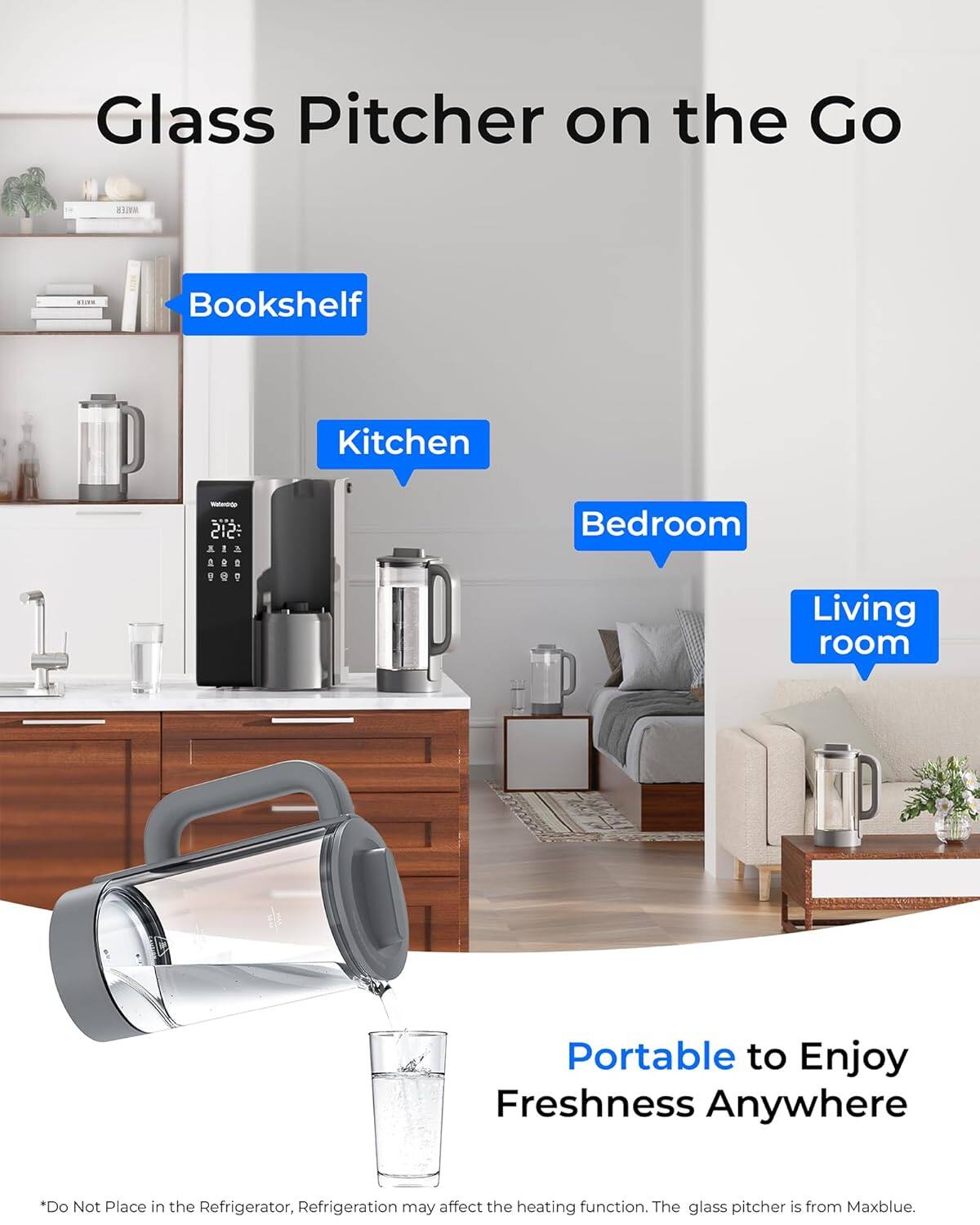 Glass Pitcher on the Go

- Bookshelf
- Kitchen
- Bedroom
- Living room

Portable to Enjoy Freshness Anywhere

*Do Not Place in the Refrigerator, Refrigeration may affect the heating function. The glass pitcher is from Maxblue.