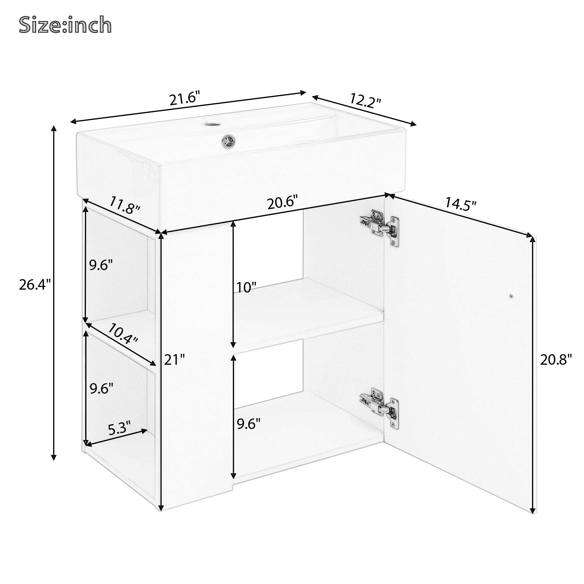 Size: inch

- 21.6"
- 12.2"
- 14.5"
- 26.4"
- 20.8"
- 21"
- 20.6"
- 11.8"
- 10.4"
- 10"
- 9.6"
- 9.6"
- 5.3"
- 9.6"