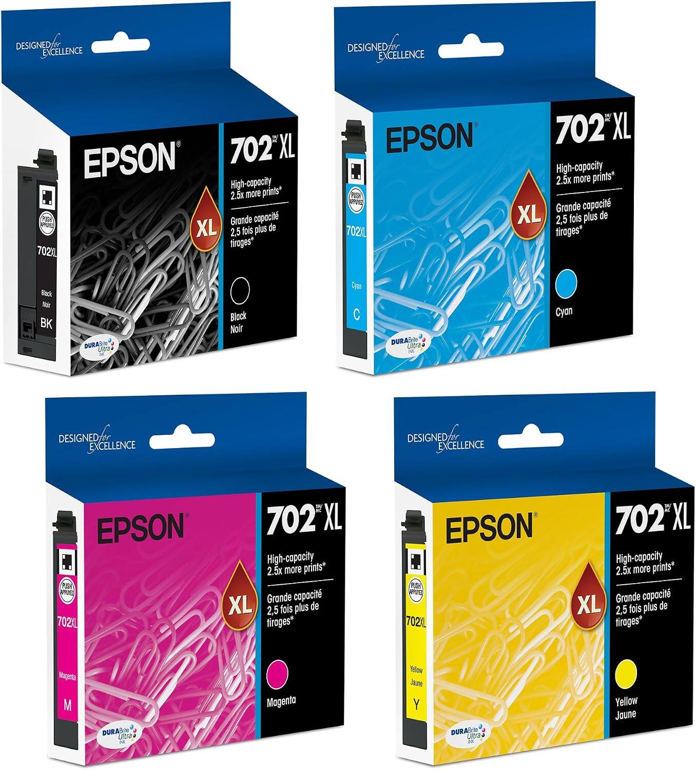 DESIGNED FOR EXCELLENCE

EPSON 702'XL

High-capacity 2.5x more prints*

Grande capacité 2,5 fois plus de tirages*

Black Noir

Cyan

Magenta

Yellow Jaune