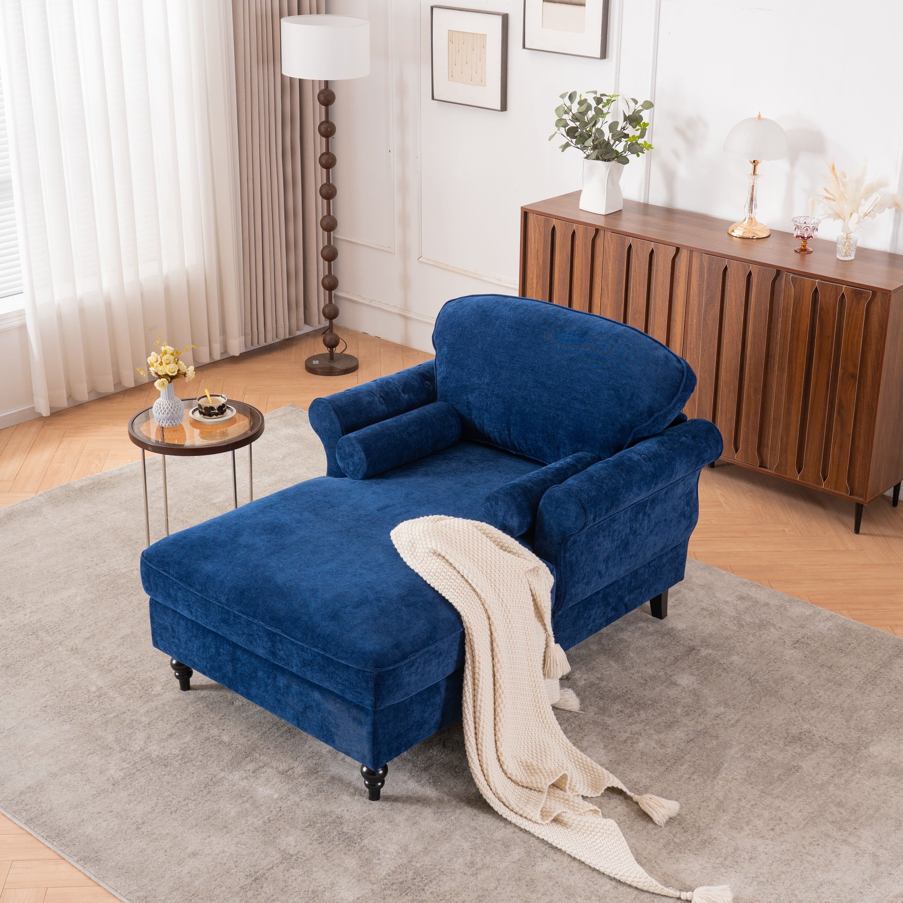 Trinkets Crazed - Oversized Chaise Lounge Indoor,Chenille Single Sofa Bed with Wide Seat Upholstered Reclining Sleeper Armchair - Blue
